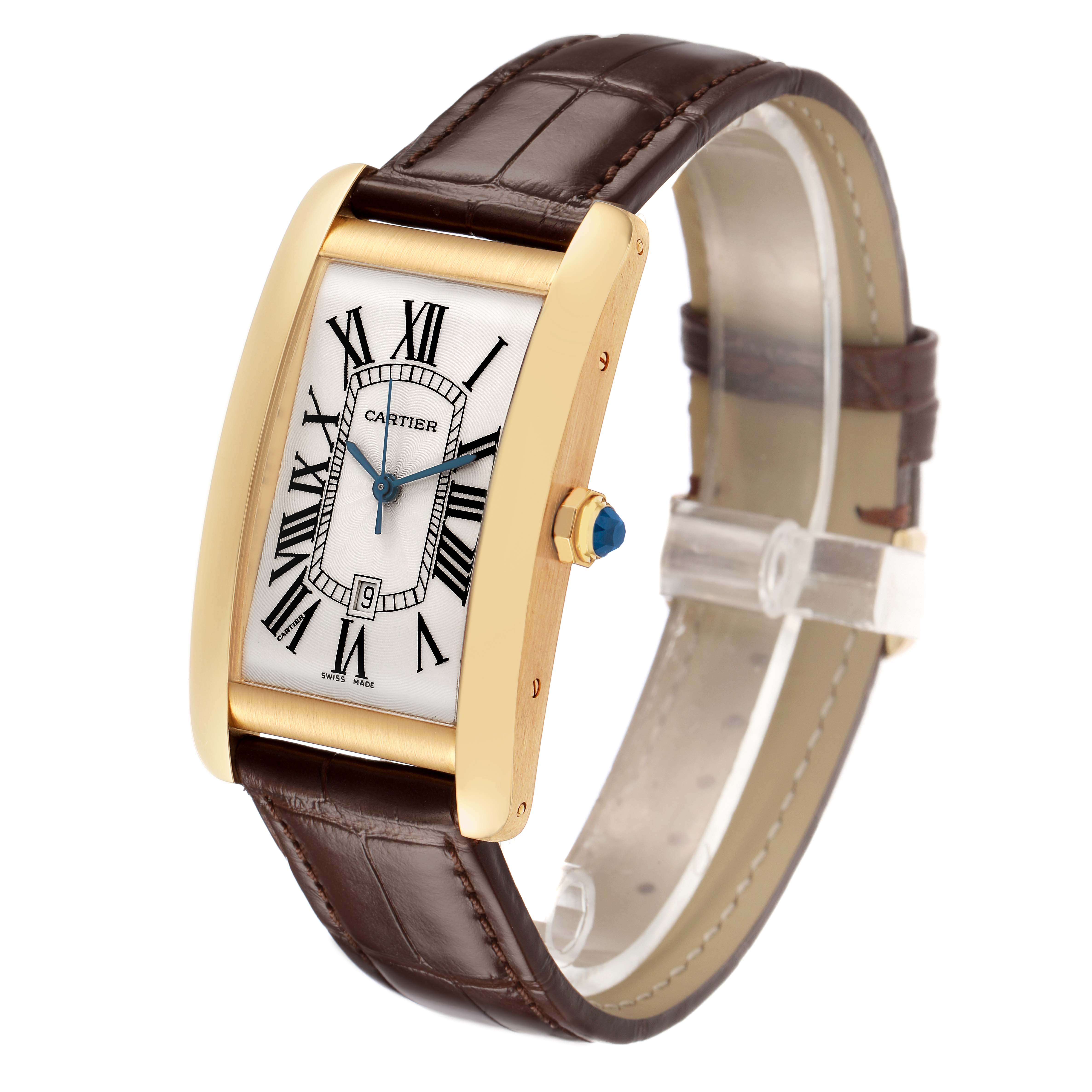 The Cartier Tank Americaine W2603156 Men's Yellow Gold Silver Dial watch is shown at a slight angle, highlighting its face, crown, and leather strap.