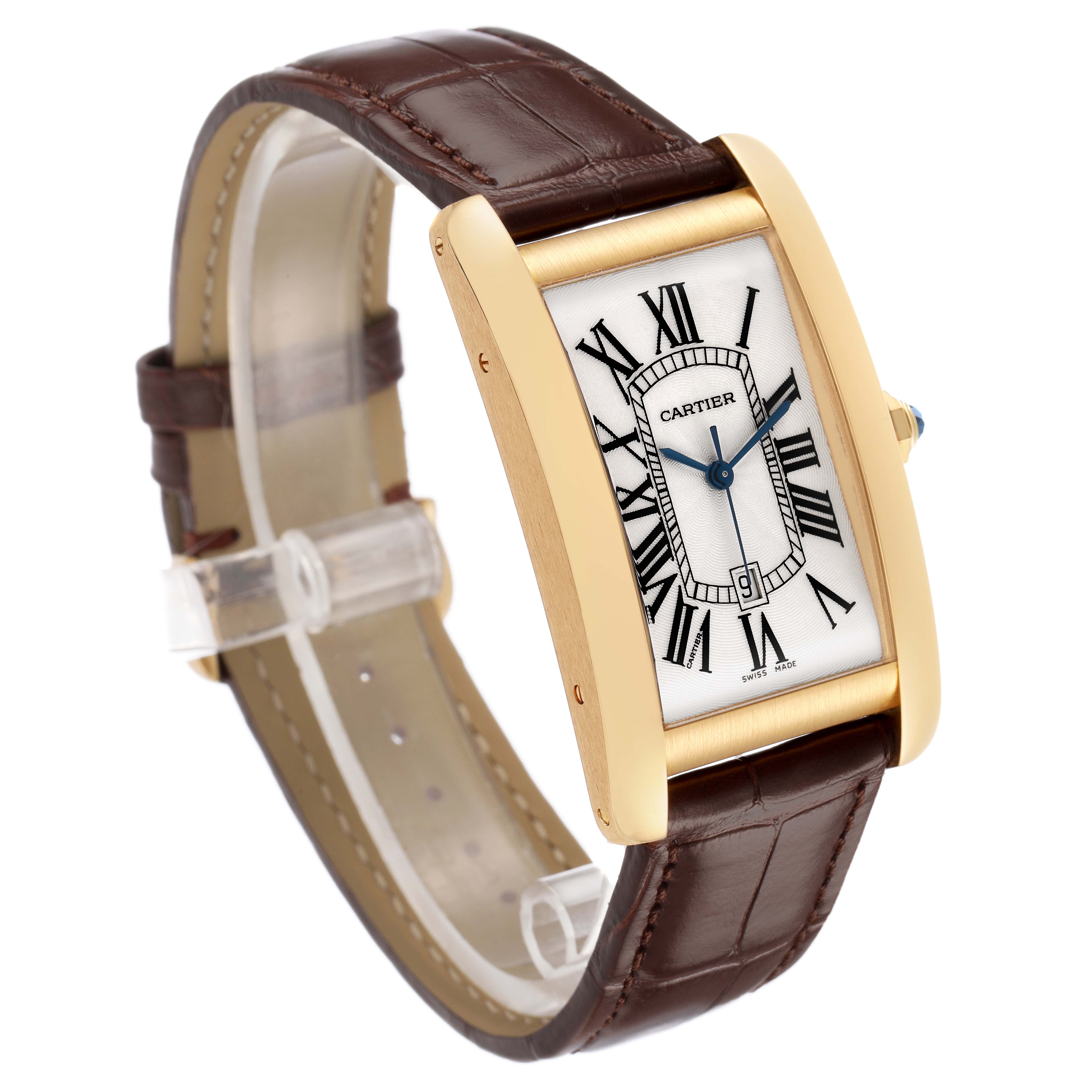 The Cartier Tank Américaine watch is shown at an angle, displaying the face, gold rectangular case, and brown leather strap.