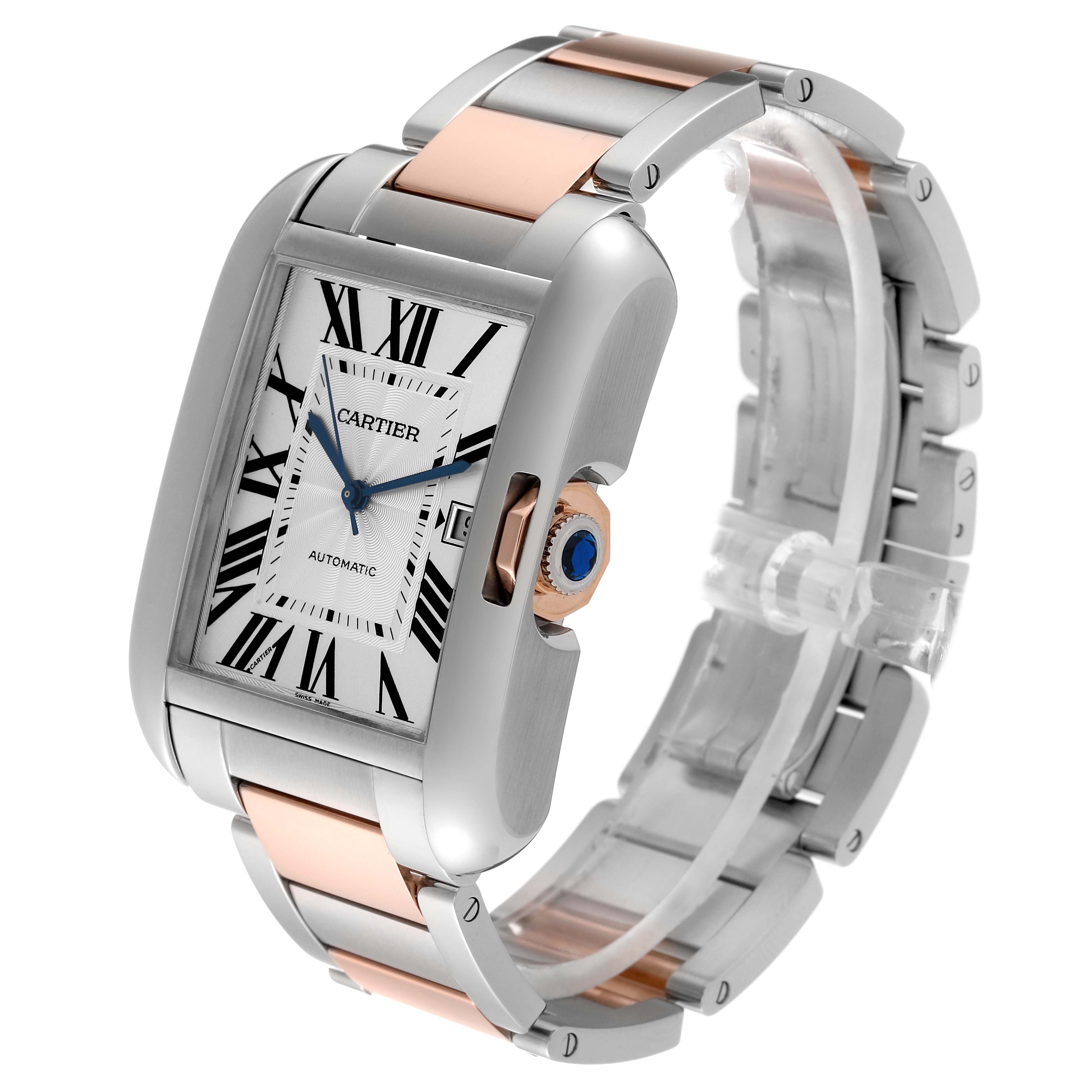 The image shows a Cartier Tank Anglaise W5310006 Men's Steel and Gold (two tone) Silver Dial W5310006 Men's Steel and Gold (two tone) Silver Dial watch angled from the front-left, displaying the face, crown, and part of the bracelet.