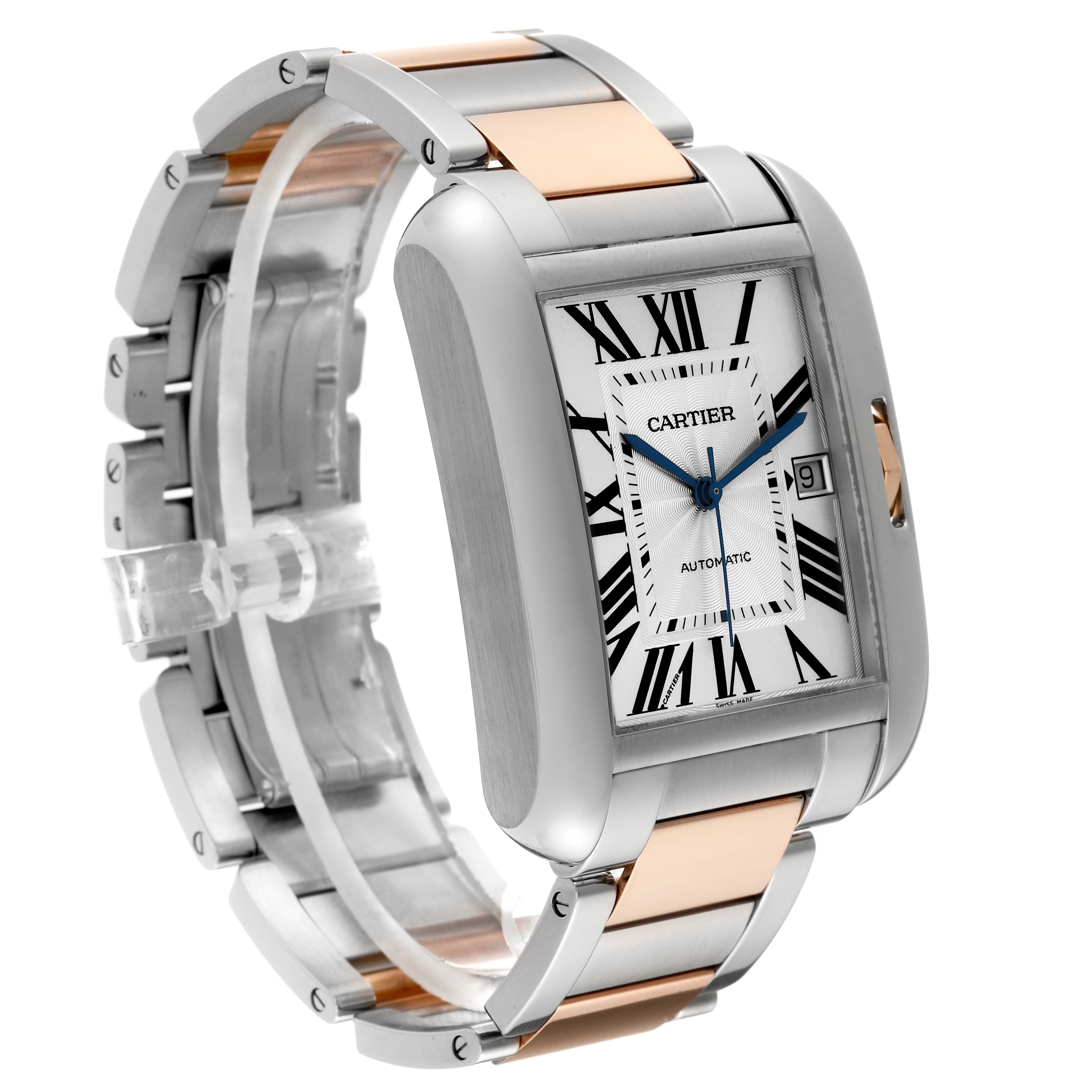 This image shows a Cartier Tank Anglaise W5310006 Men's Steel and Gold (two tone) Silver Dial W5310006 Men's Steel and Gold (two tone) Silver Dial watch at a three-quarter angle, highlighting its face, crown, and two-tone band.