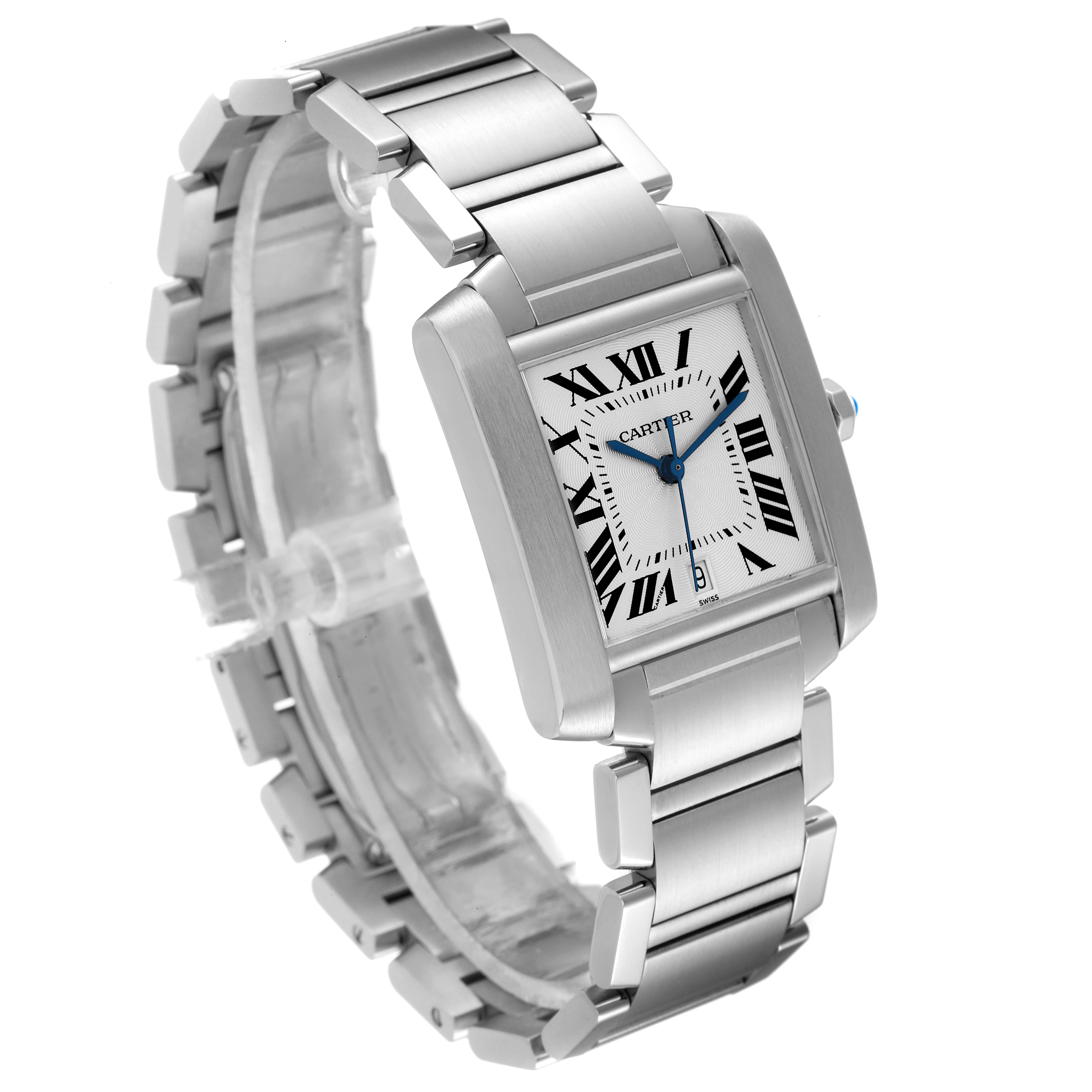 The image shows a Cartier Tank Française watch at a three-quarter angle, highlighting the face, bezel, and metal bracelet.