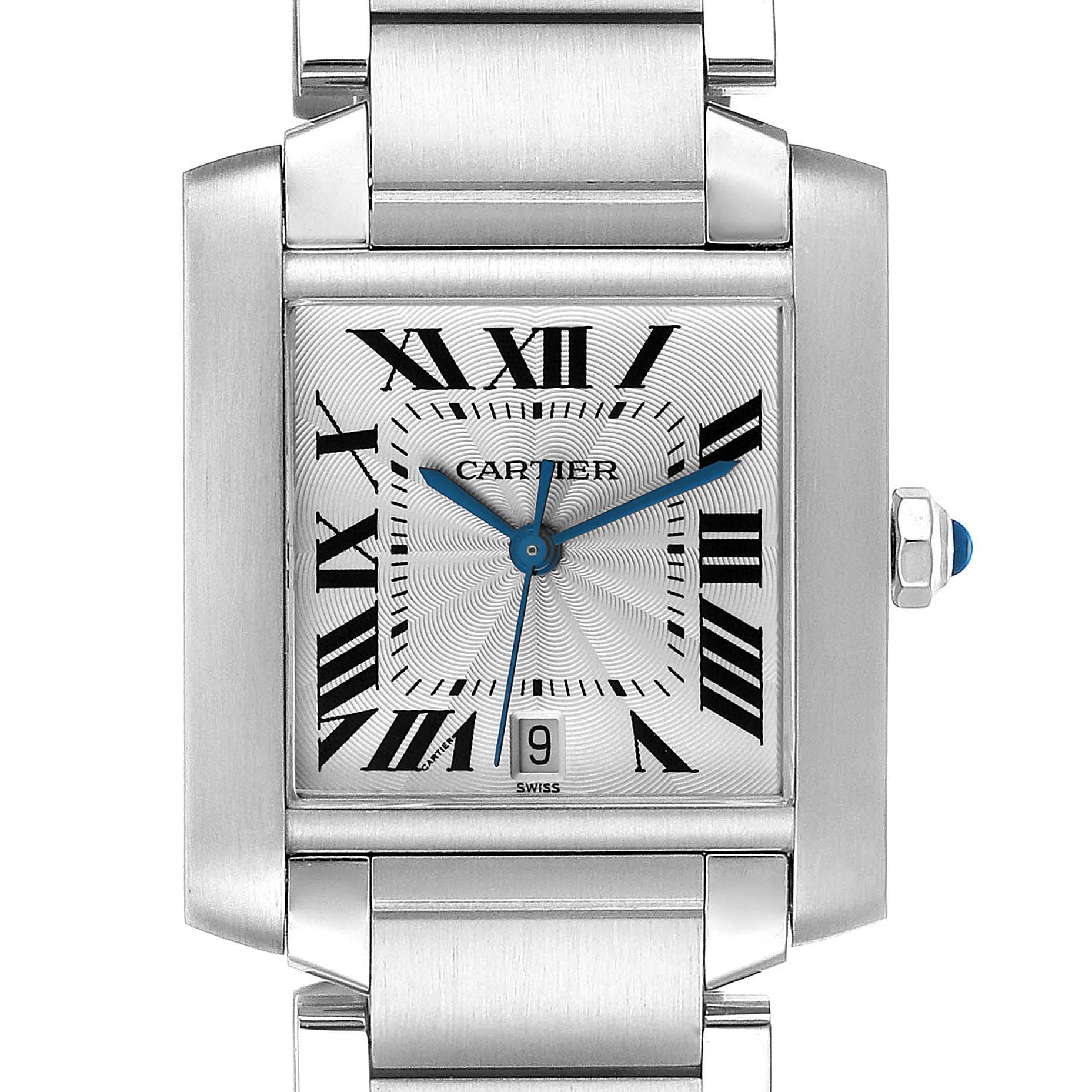 This image shows a front view of the Cartier Tank Francaise W51002Q3 Men's Stainless Steel Silver Dial W51002Q3 Men's Stainless Steel Silver Dial watch, displaying the dial, bracelet, and crown.