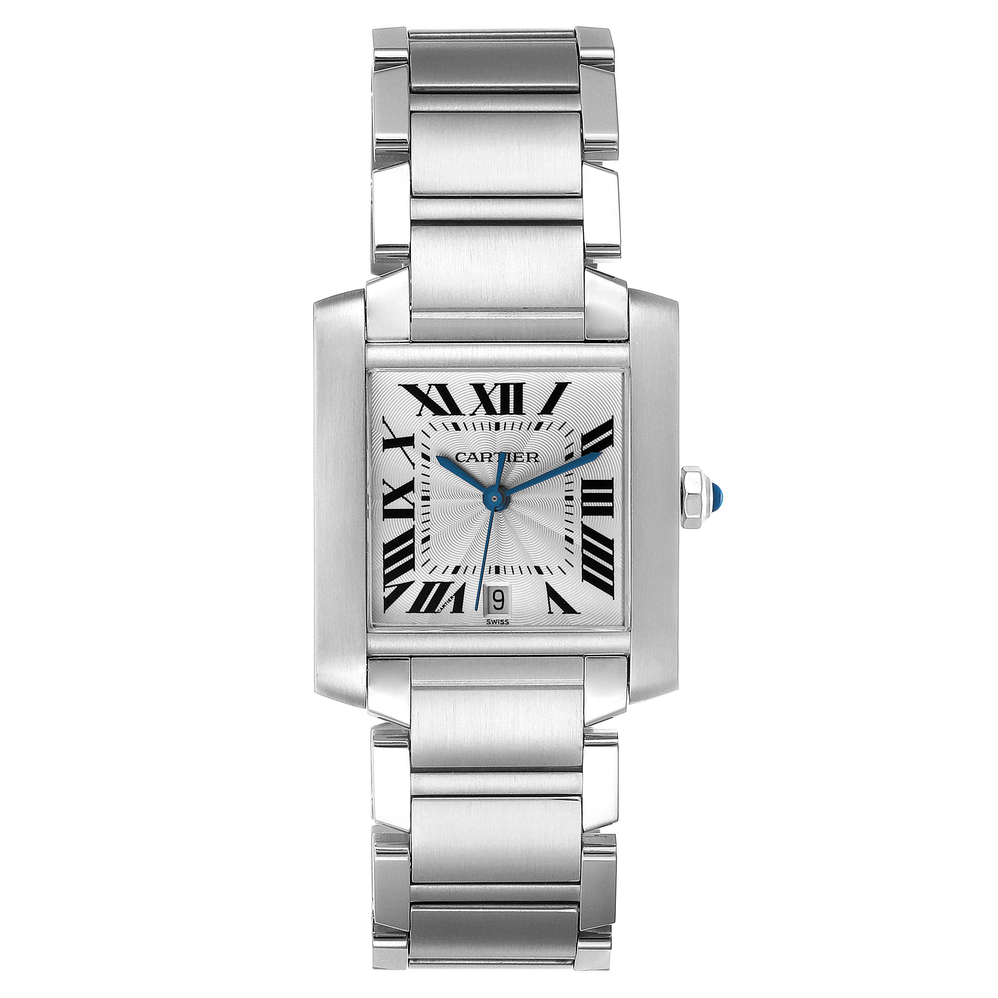 The image shows a front view of the Cartier Tank Francaise W51002Q3 Men's Stainless Steel Silver Dial W51002Q3 Men's Stainless Steel Silver Dial watch with its stainless steel bracelet and Roman numeral dial.