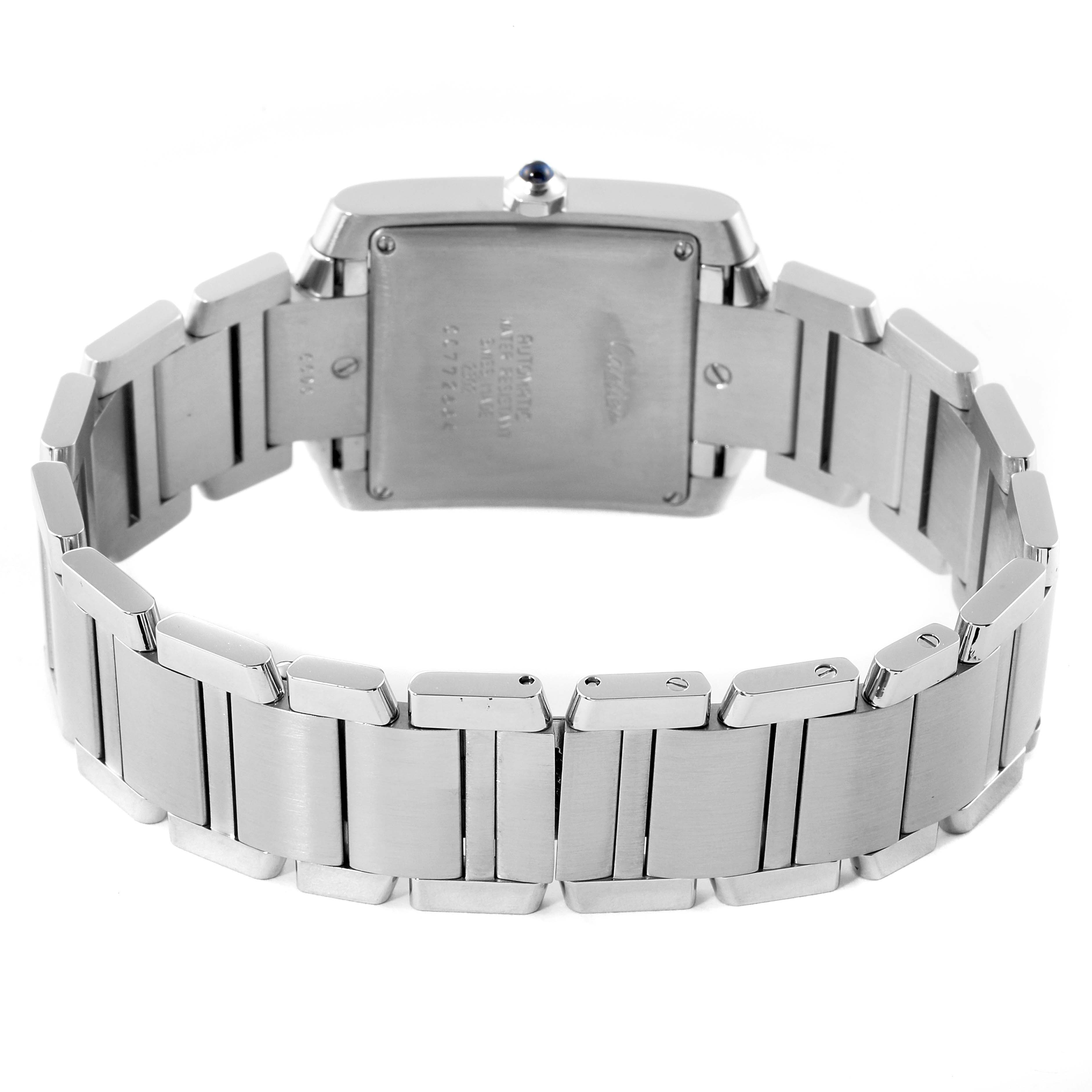 The image shows the back view of the Cartier Tank Francaise W51002Q3 Men's Stainless Steel Silver Dial W51002Q3 Men's Stainless Steel Silver Dial watch, displaying the case back and stainless steel bracelet.