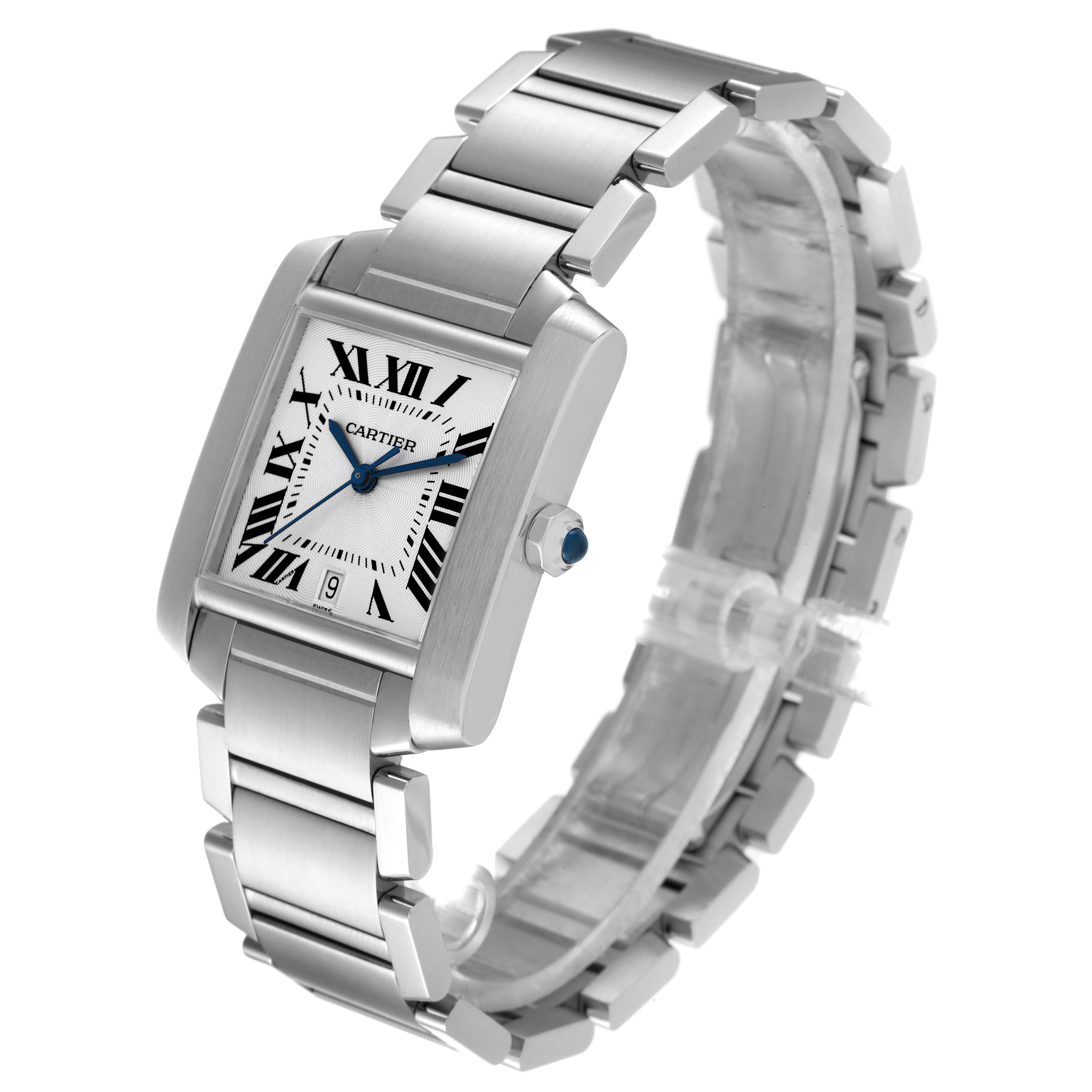 The image shows the Cartier Tank Francaise W51002Q3 Men's Stainless Steel Silver Dial W51002Q3 Men's Stainless Steel Silver Dial watch at a slight angle, highlighting its rectangular face and stainless steel bracelet.