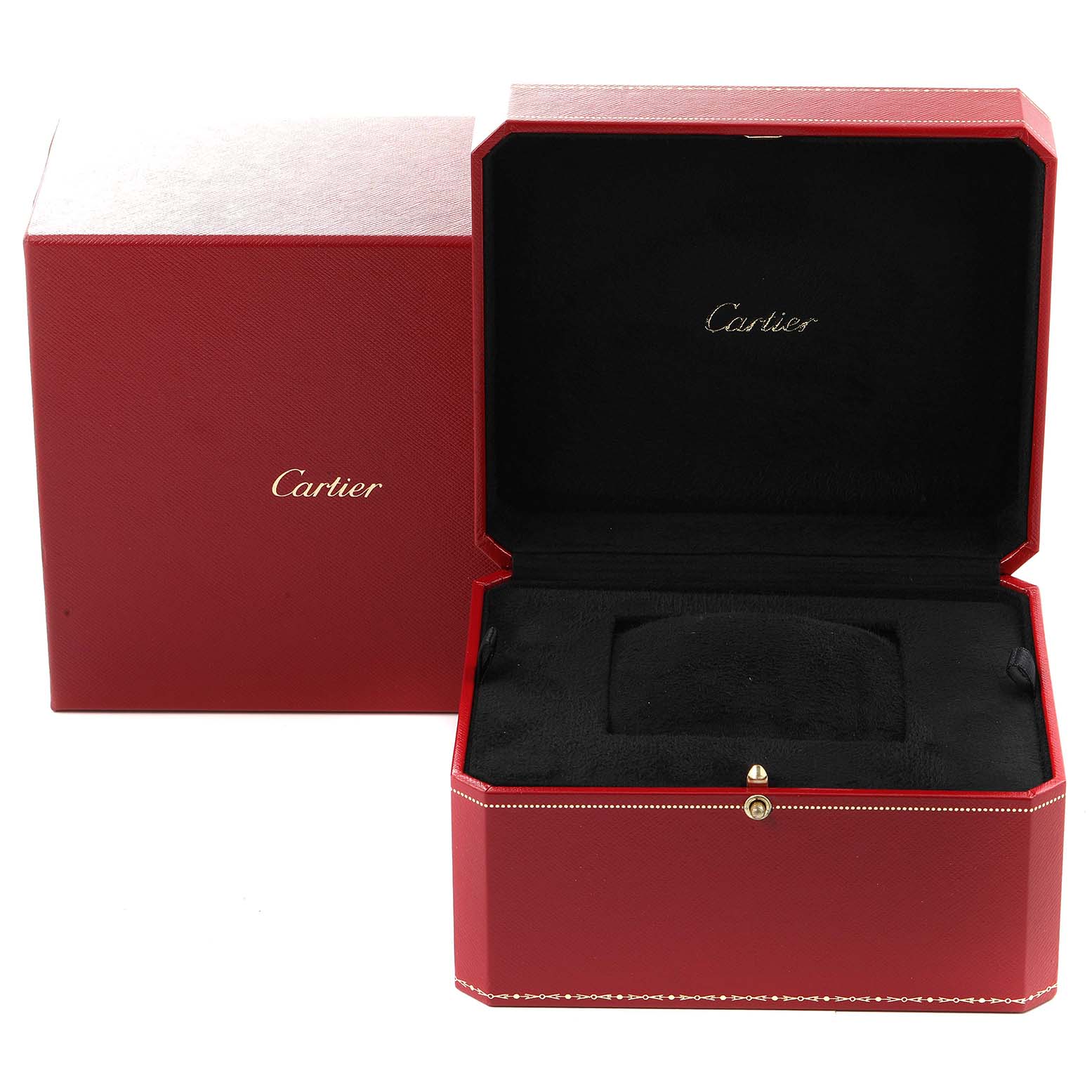 The image shows a Cartier Tank Française watch box, with the outer and inner red cases opened; no watch is present.