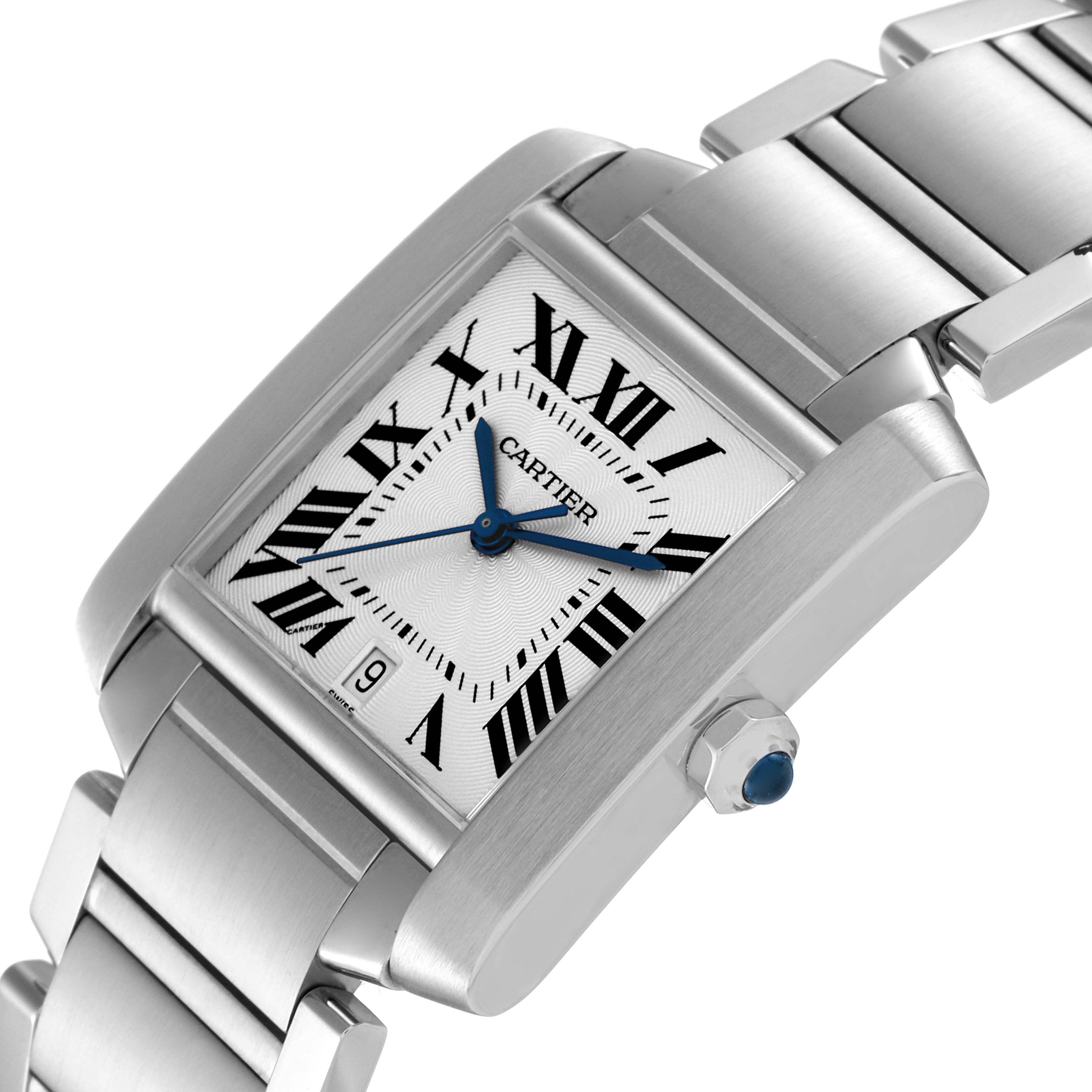 The image shows a Cartier Tank Francaise W51002Q3 Men's Stainless Steel Silver Dial W51002Q3 Men's Stainless Steel Silver Dial watch at an angle, highlighting its face, bracelet, and crown.