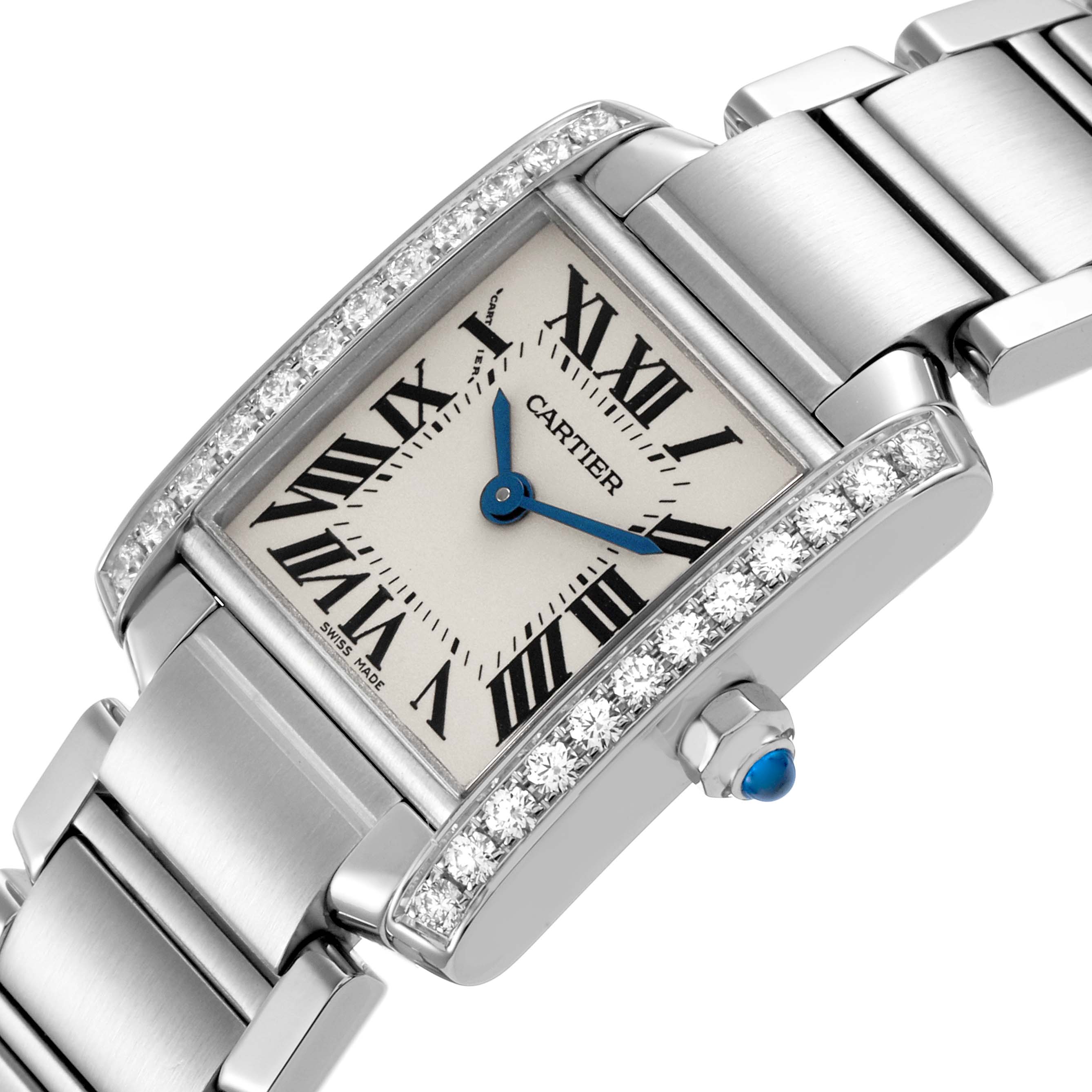 The Cartier Tank Française watch is shown at an angled view, highlighting the face, Roman numerals, bracelet, and diamond-set bezel.