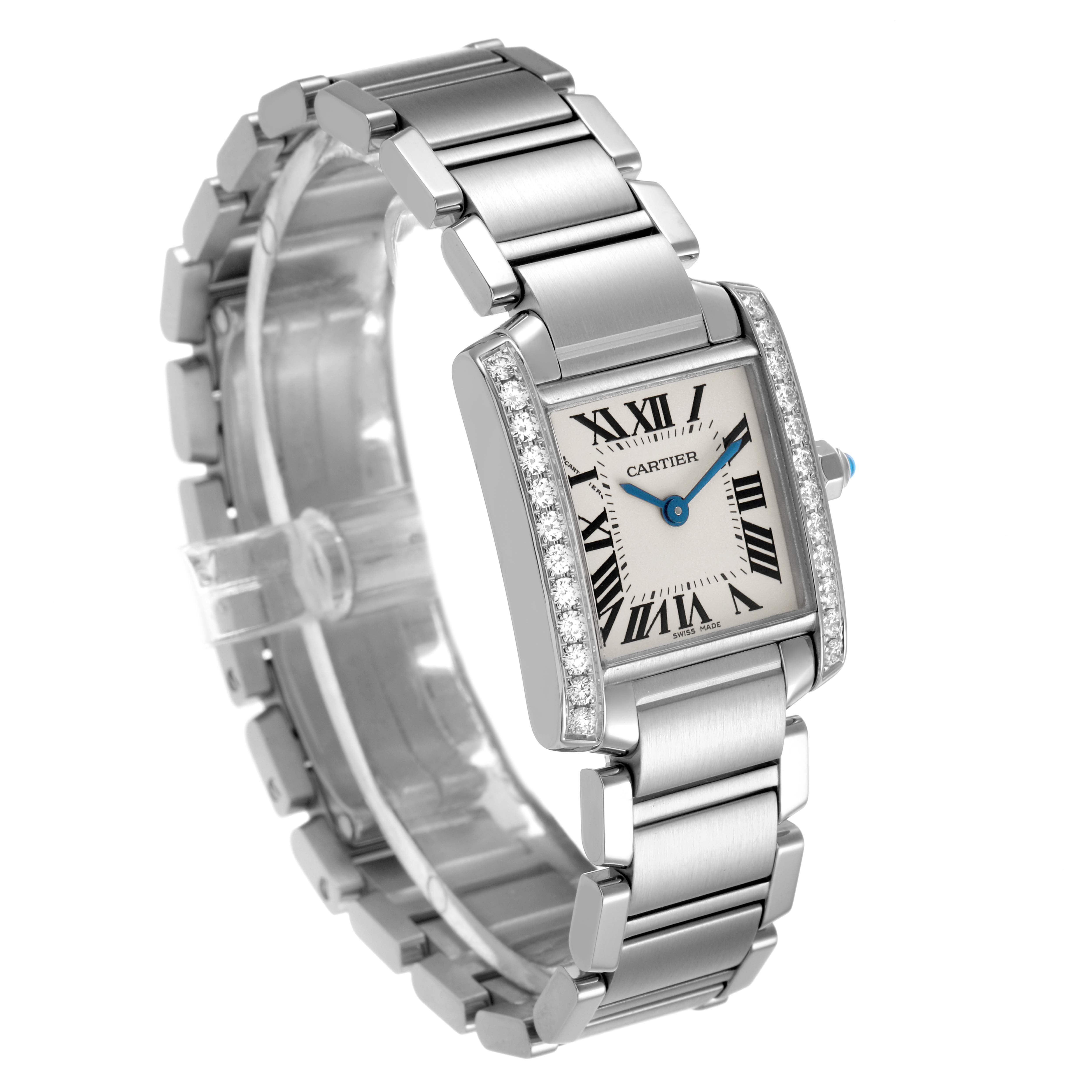 The Cartier Tank Française watch is shown at an angle highlighting its rectangular face, Roman numerals, diamond-set bezel, and stainless steel bracelet.