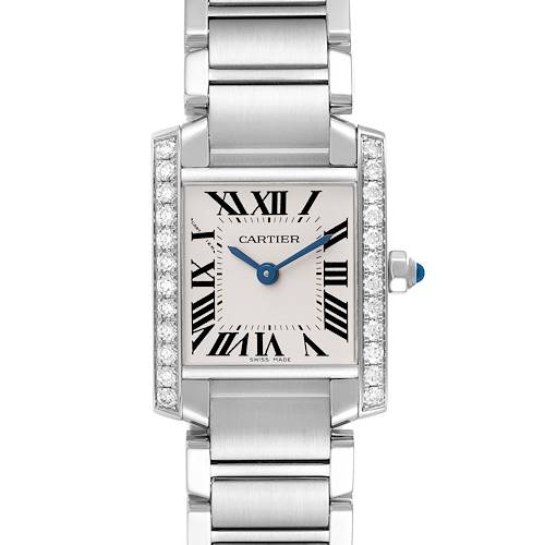 The Cartier Tank Française watch is shown from a front angle, highlighting the face, bracelet, and diamond-adorned bezel.