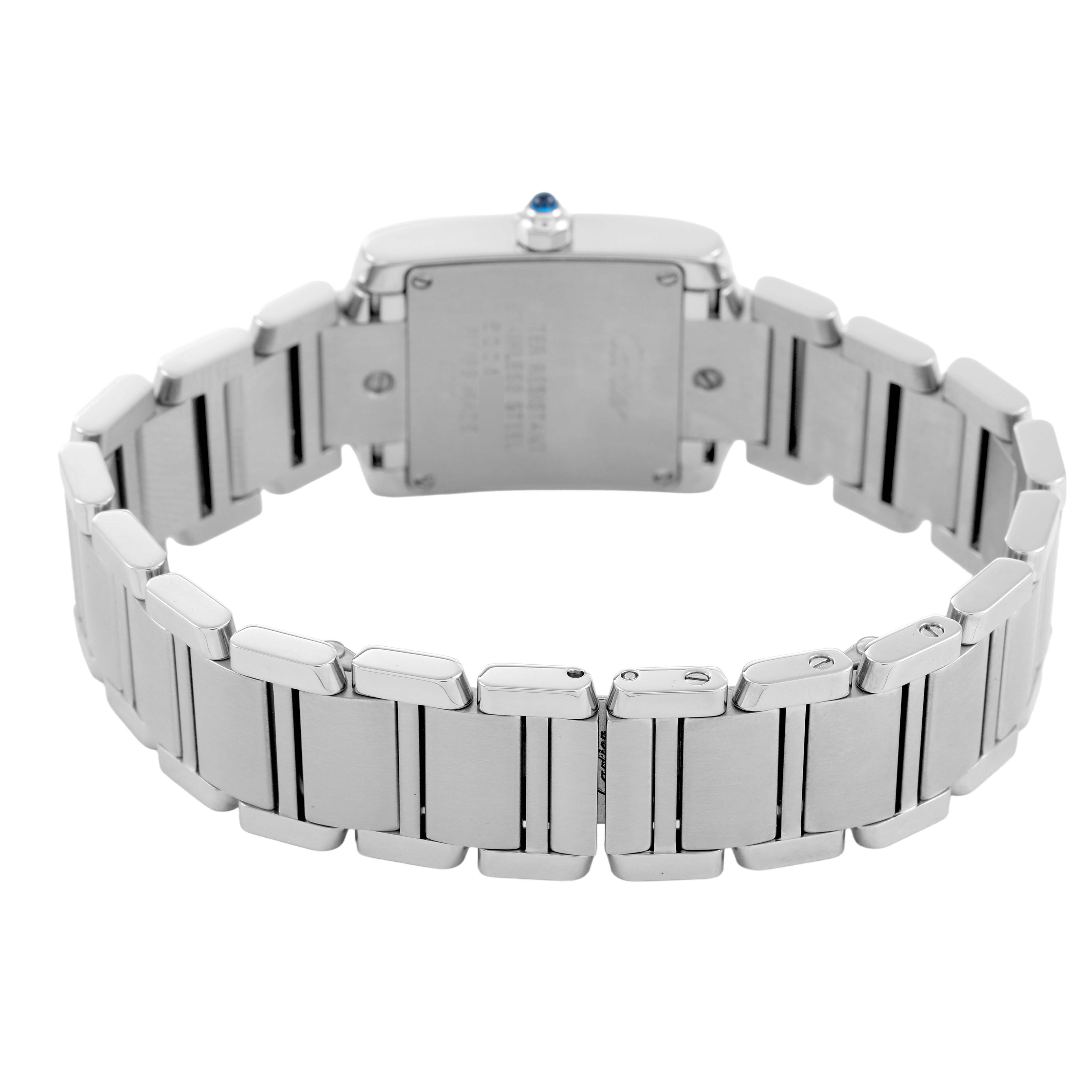 The Cartier Tank Française watch is shown from the back, highlighting the bracelet and caseback.