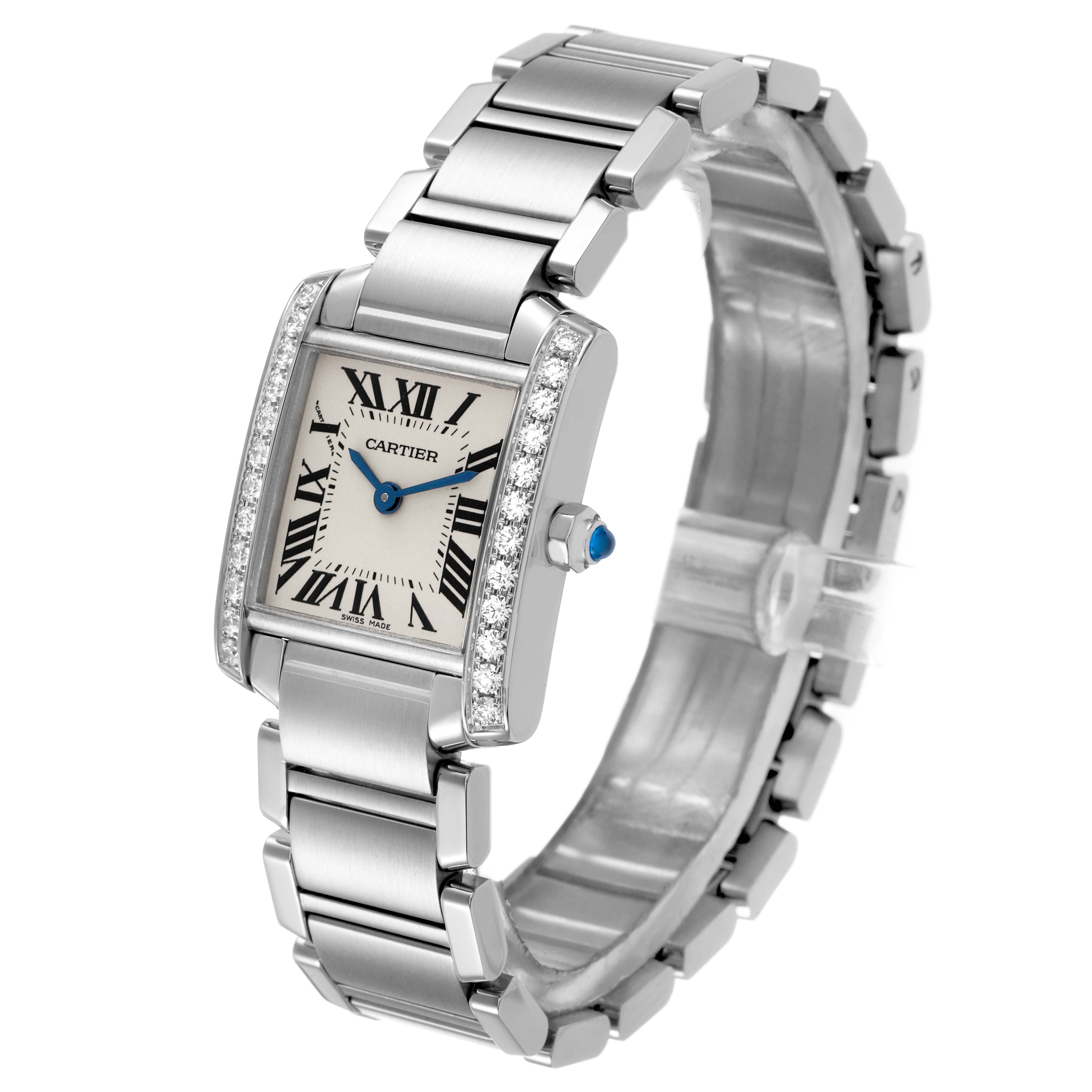 The Cartier Tank Française watch is shown from a three-quarter angle, highlighting the rectangular face, diamond accents, and metal bracelet.
