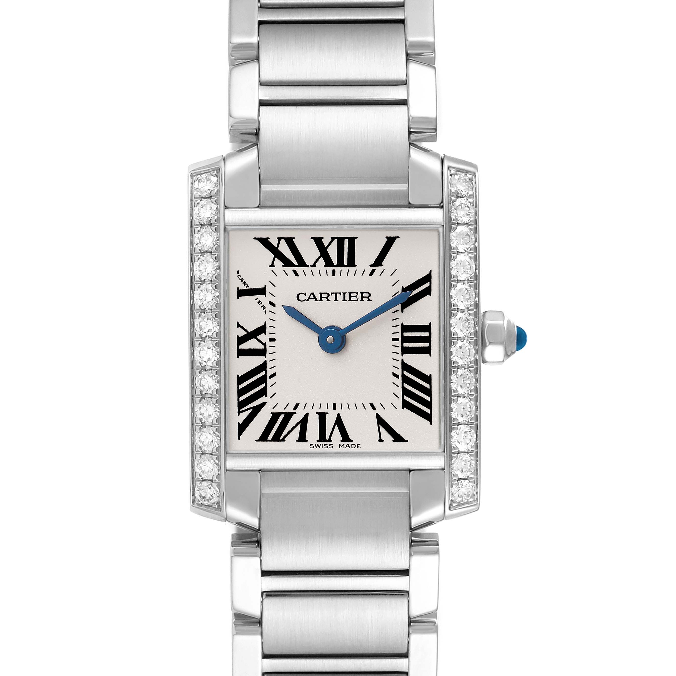 The Cartier Tank Francaise W4TA0008 Women's Stainless Steel Silver Dial watch is shown from a front angle, highlighting its face, Roman numerals, and metal bracelet.