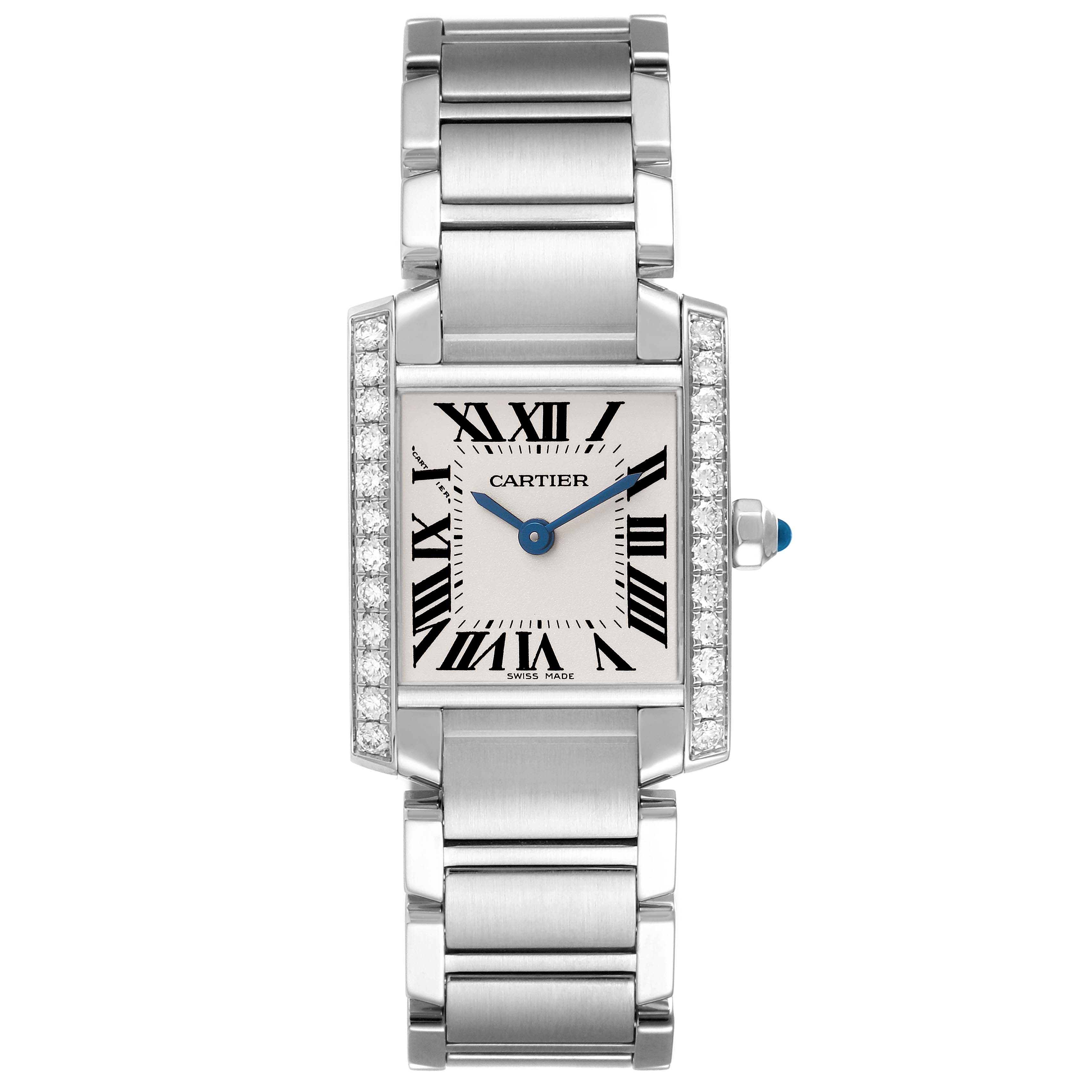 The Cartier Tank Française watch is shown from the front, highlighting its face, Roman numerals, and metal bracelet.