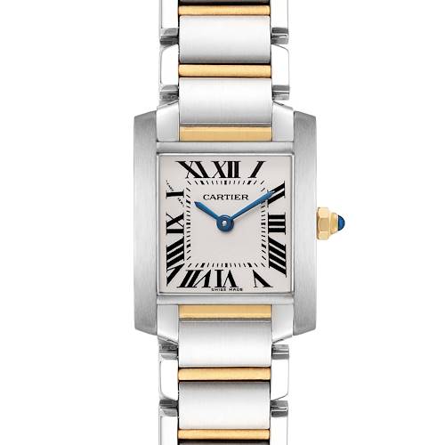 The Cartier Tank Française watch is shown from a front view, highlighting its face, bracelet, and crown detailing.