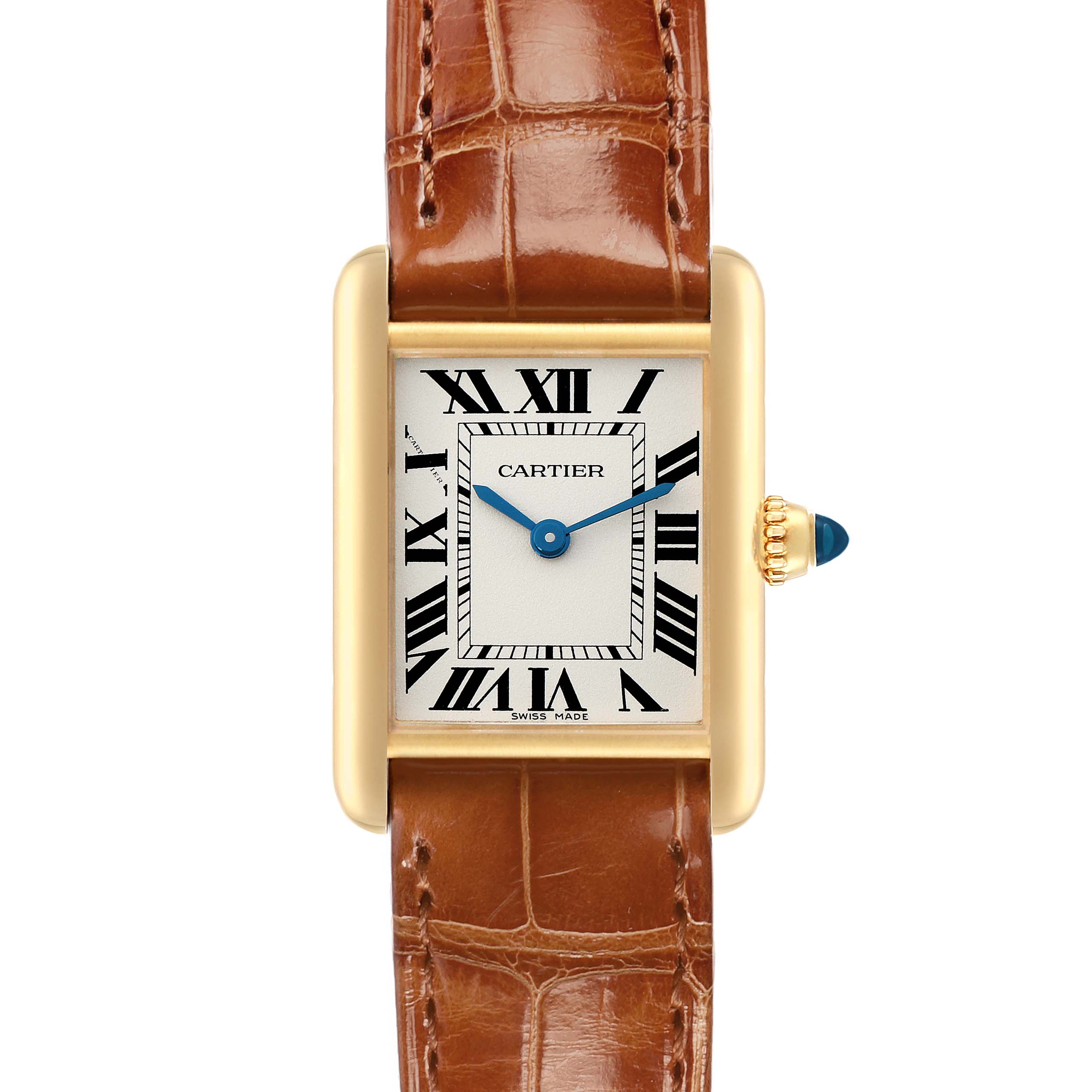 The Cartier Tank Louis W1529856 Women
s Yellow Gold Silver Dial model is shown from the front, highlighting the watch face, Roman numerals, blue hands, and brown strap.