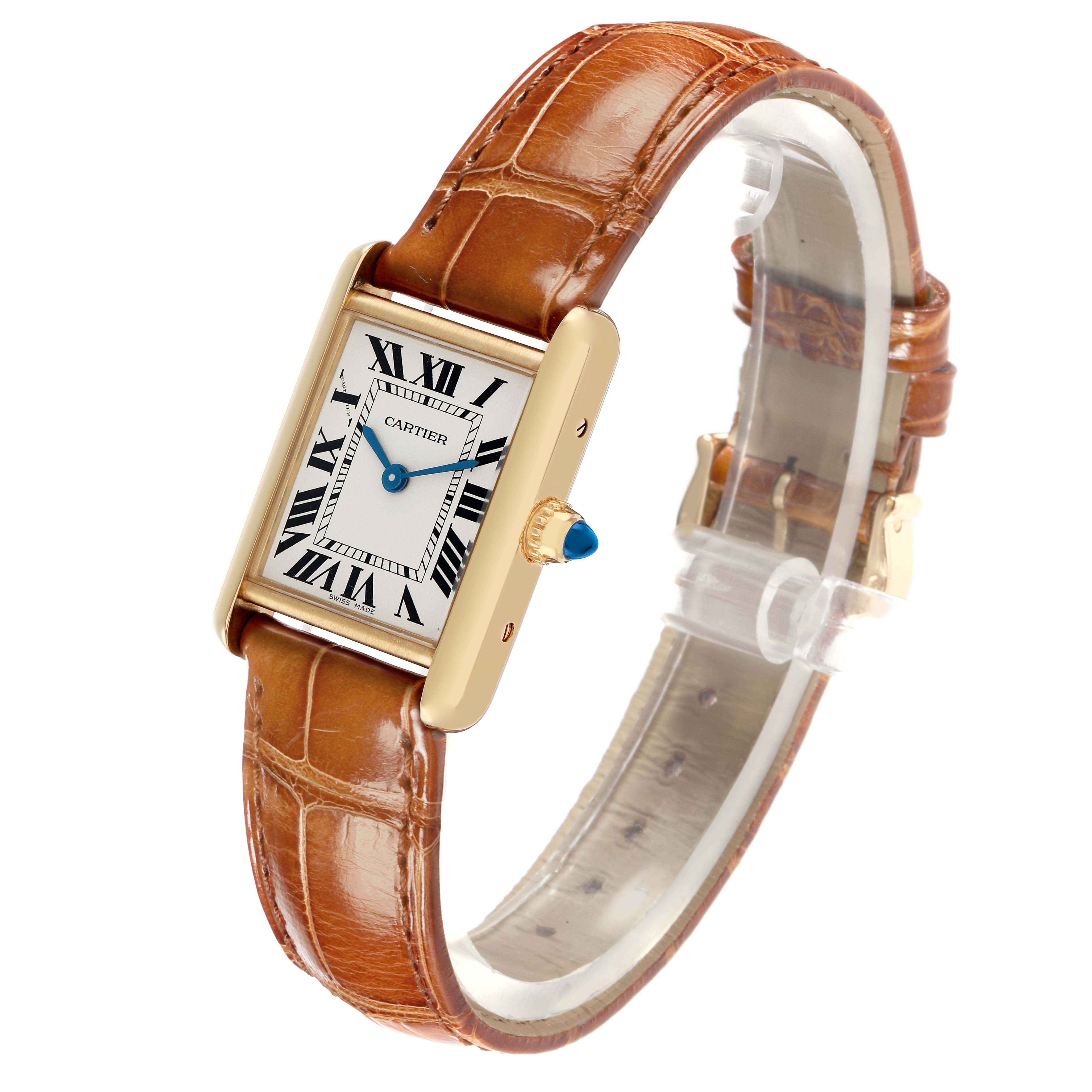 The Cartier Tank Louis W1529856 Women
s Yellow Gold Silver Dial watch is angled to show the face, crown, and brown leather strap.
