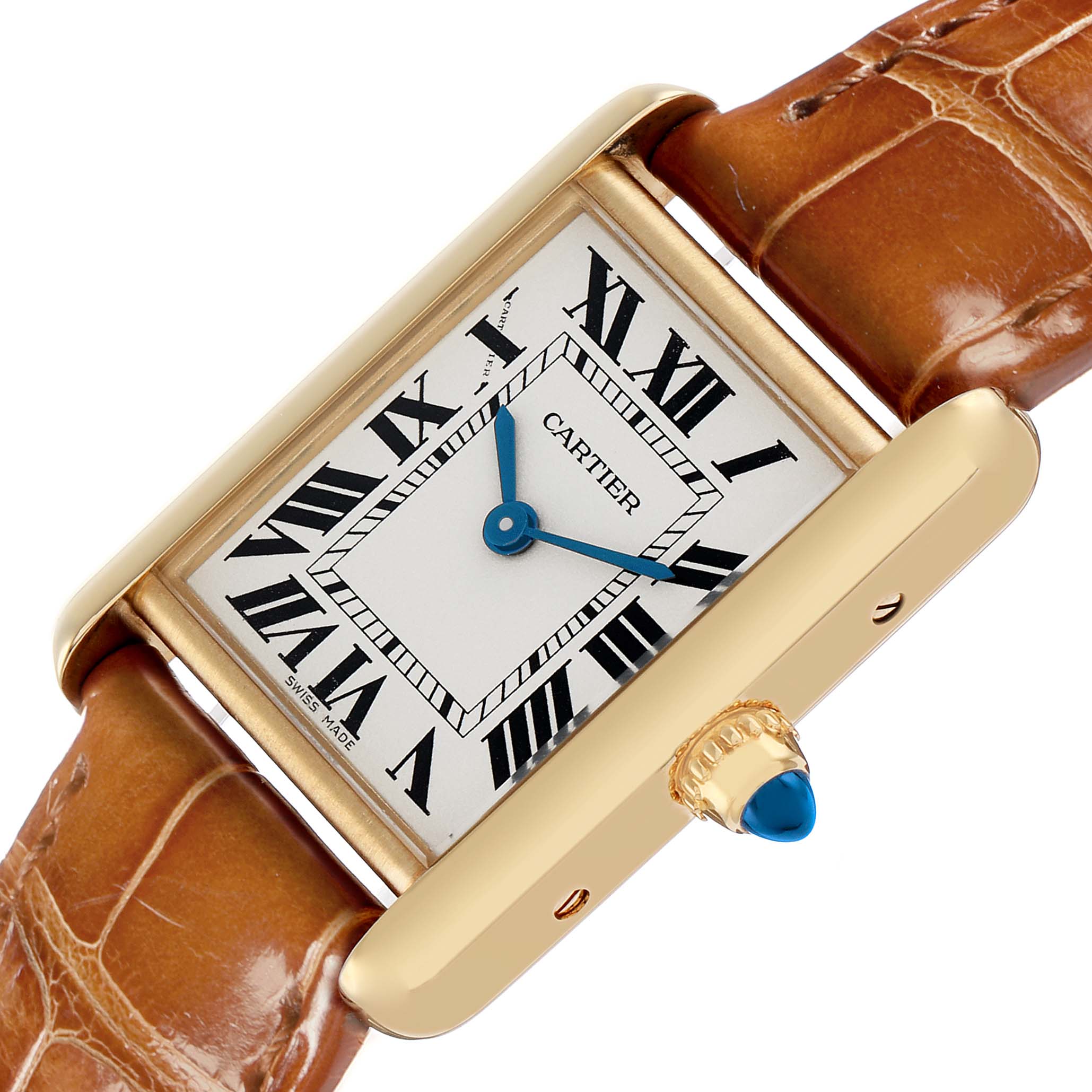 The Cartier Tank Louis W1529856 Women
s Yellow Gold Silver Dial watch is shown at a diagonal angle, displaying the dial, Roman numerals, and crown with a blue cabochon.