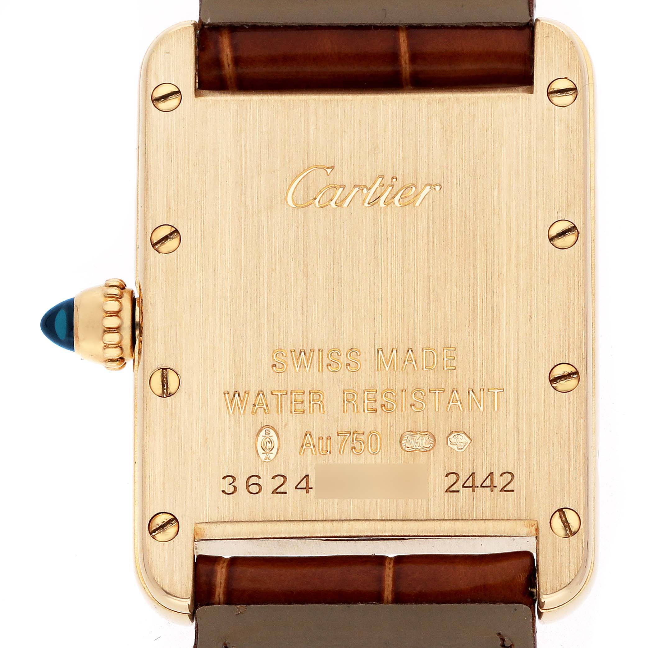 The image shows the back of a Cartier Tank Louis W1529856 Women
s Yellow Gold Silver Dial watch, highlighting its engraved details and brown leather straps.