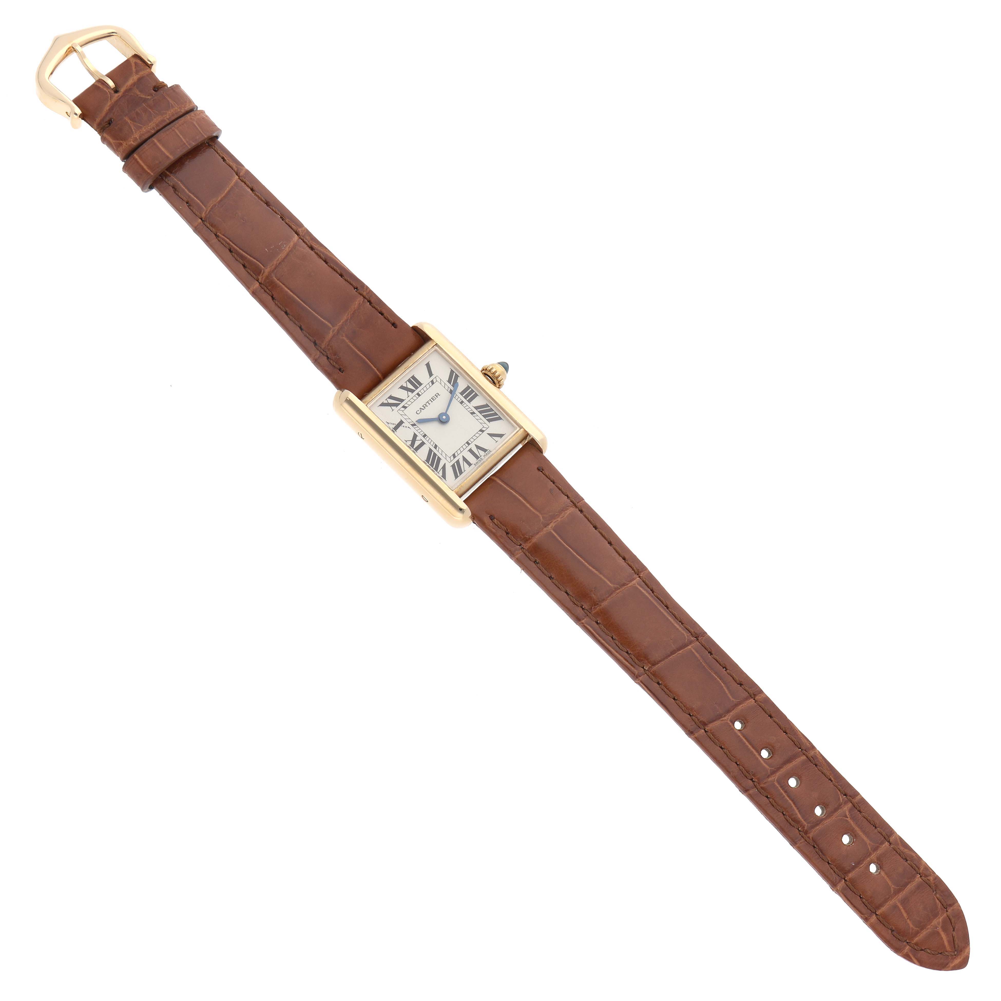 The image shows a top-down view of a Cartier Tank Louis W1529856 Women's Yellow Gold Silver Dial W1529856 Women's Yellow Gold Silver Dial watch, featuring its rectangular face and brown leather strap.