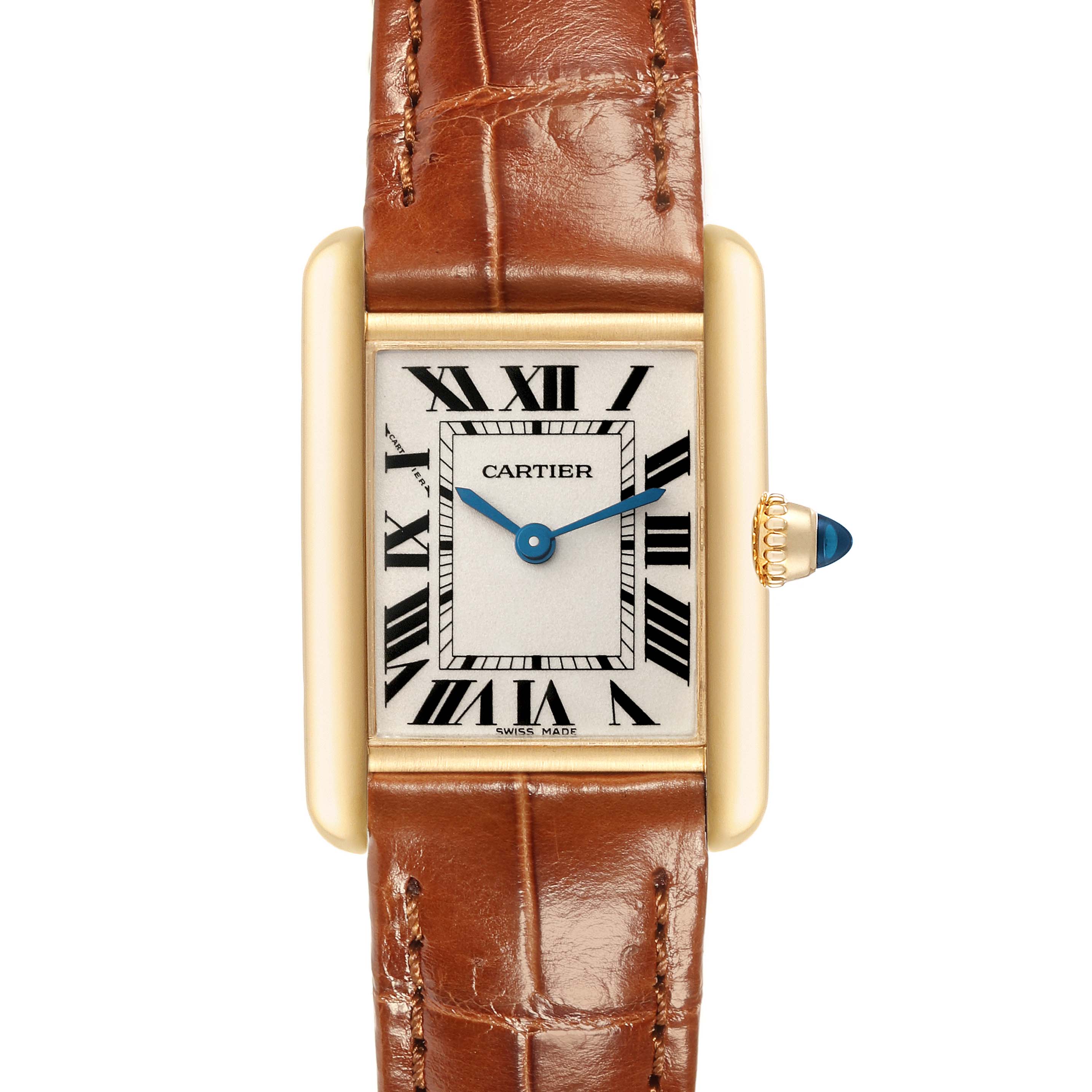 This image shows a frontal view of the Cartier Tank Louis W1529856 Women's Yellow Gold Silver Dial W1529856 Women's Yellow Gold Silver Dial watch, including the dial, case, and brown leather strap.