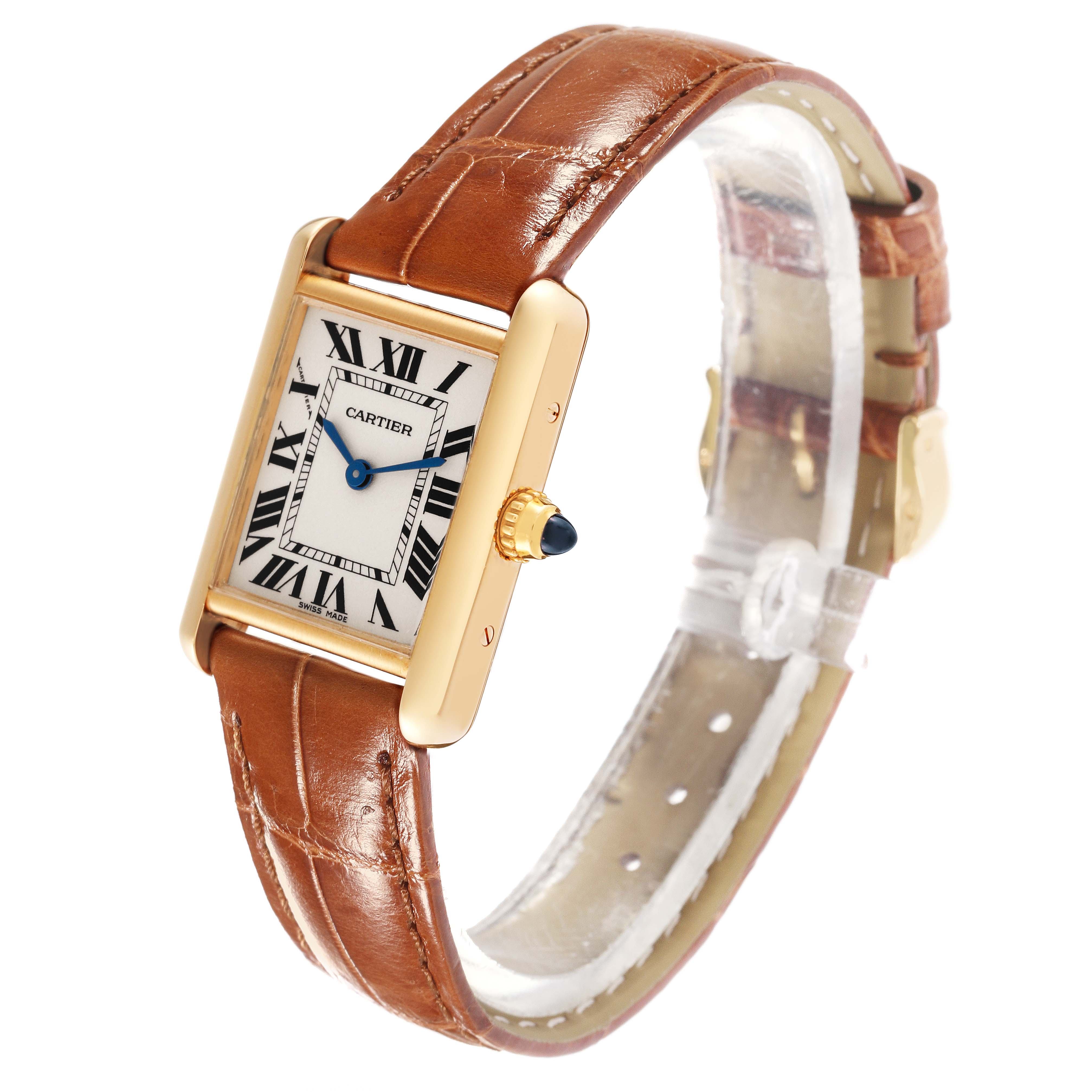 This Cartier Tank Louis W1529856 Women's Yellow Gold Silver Dial W1529856 Women's Yellow Gold Silver Dial model watch is shown at a slight angle, displaying its face, brown leather strap, and crown.
