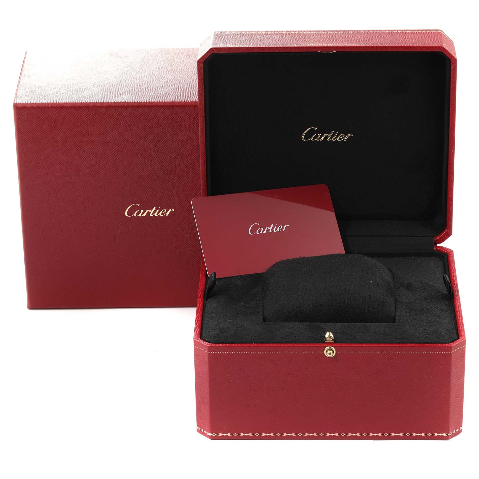 The image shows an open Cartier Tank Louis W1529856 Women's Yellow Gold Silver Dial W1529856 Women's Yellow Gold Silver Dial watch box and card at a slight angle, alongside the outer box.