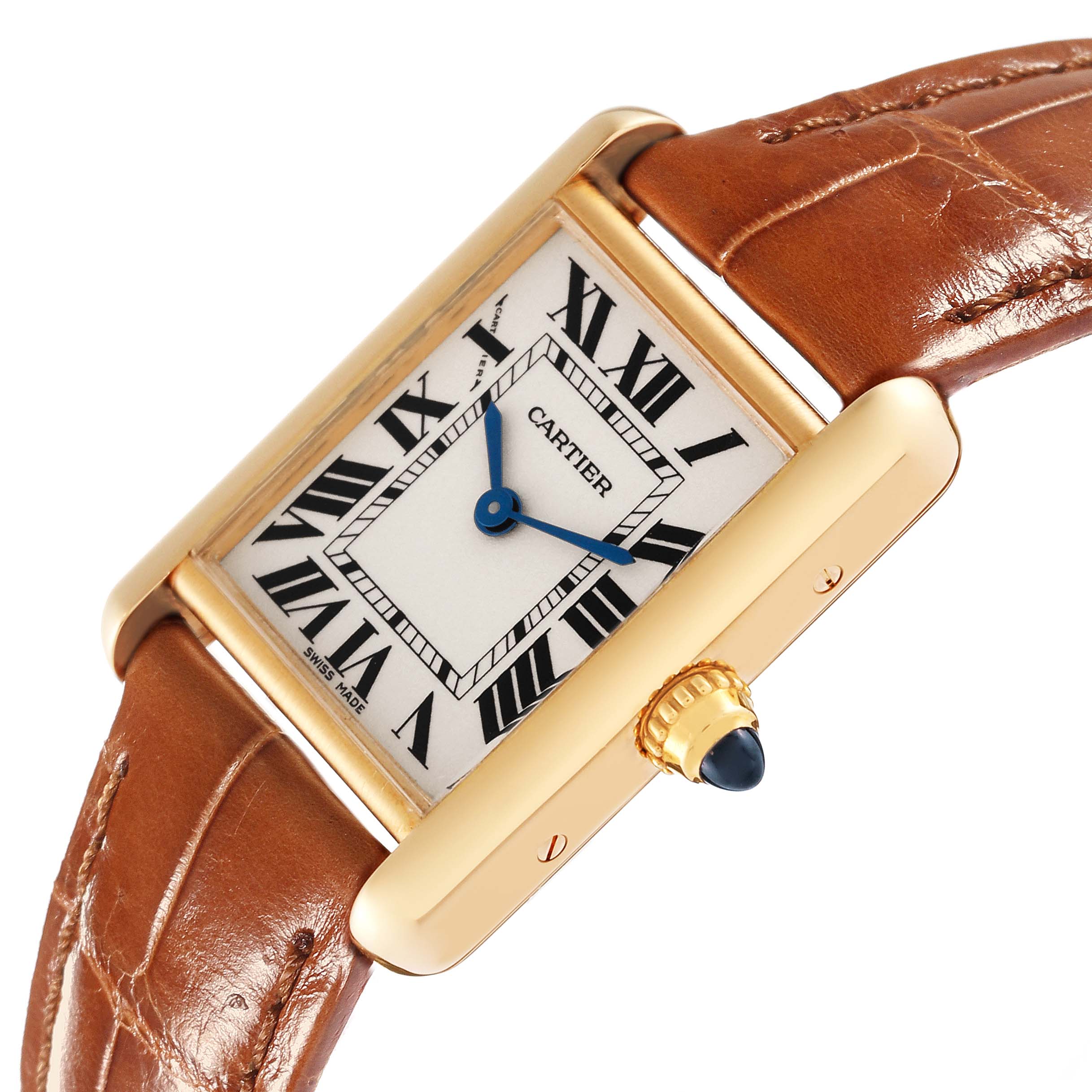 The image shows a close-up angled view of the Cartier Tank Louis W1529856 Women's Yellow Gold Silver Dial W1529856 Women's Yellow Gold Silver Dial watch, highlighting its dial, case, and leather strap.