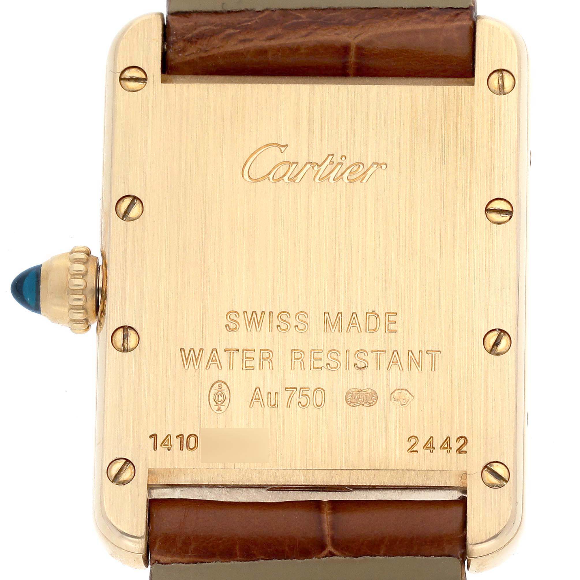This image shows the back of the Cartier Tank Louis W1529856 Women's Yellow Gold Silver Dial W1529856 Women's Yellow Gold Silver Dial watch, highlighting the case and inscription details.