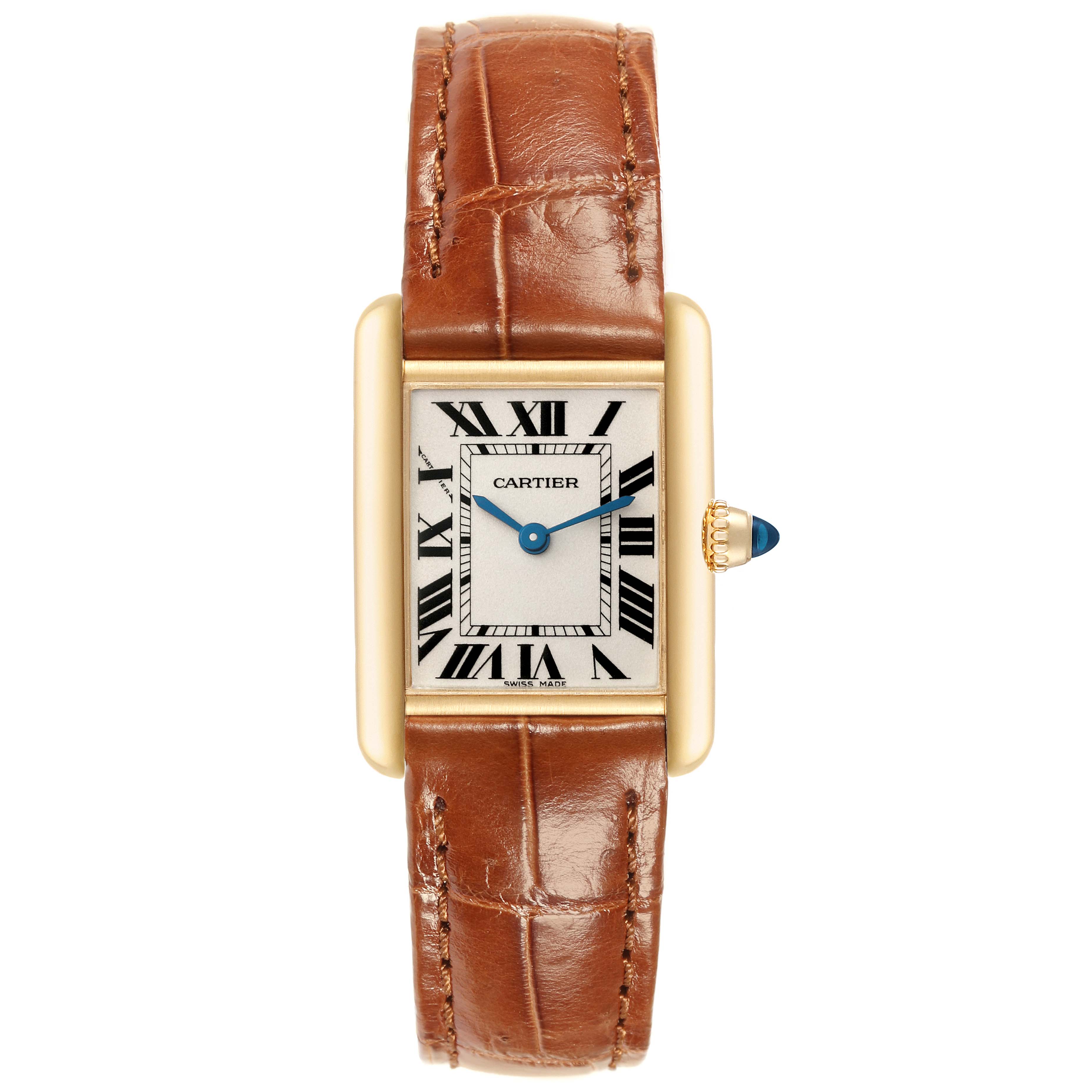 The image shows a front view of the Cartier Tank Louis W1529856 Women's Yellow Gold Silver Dial W1529856 Women's Yellow Gold Silver Dial watch, featuring its brown leather strap and gold rectangular case with Roman numeral markers.