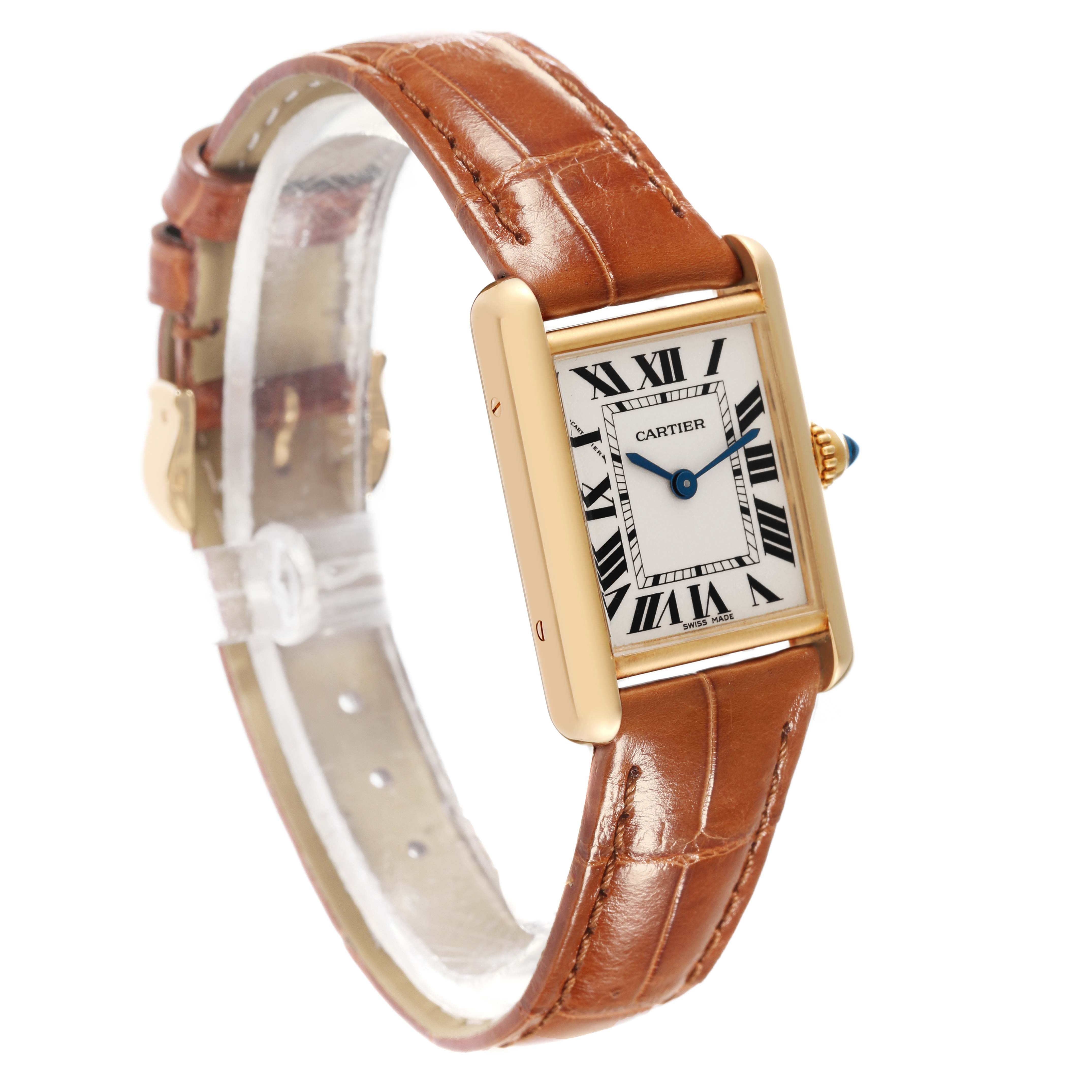 The image shows a side view of a Cartier Tank Louis W1529856 Women's Yellow Gold Silver Dial W1529856 Women's Yellow Gold Silver Dial watch, highlighting its leather strap, rectangular case, and Roman numeral dial.