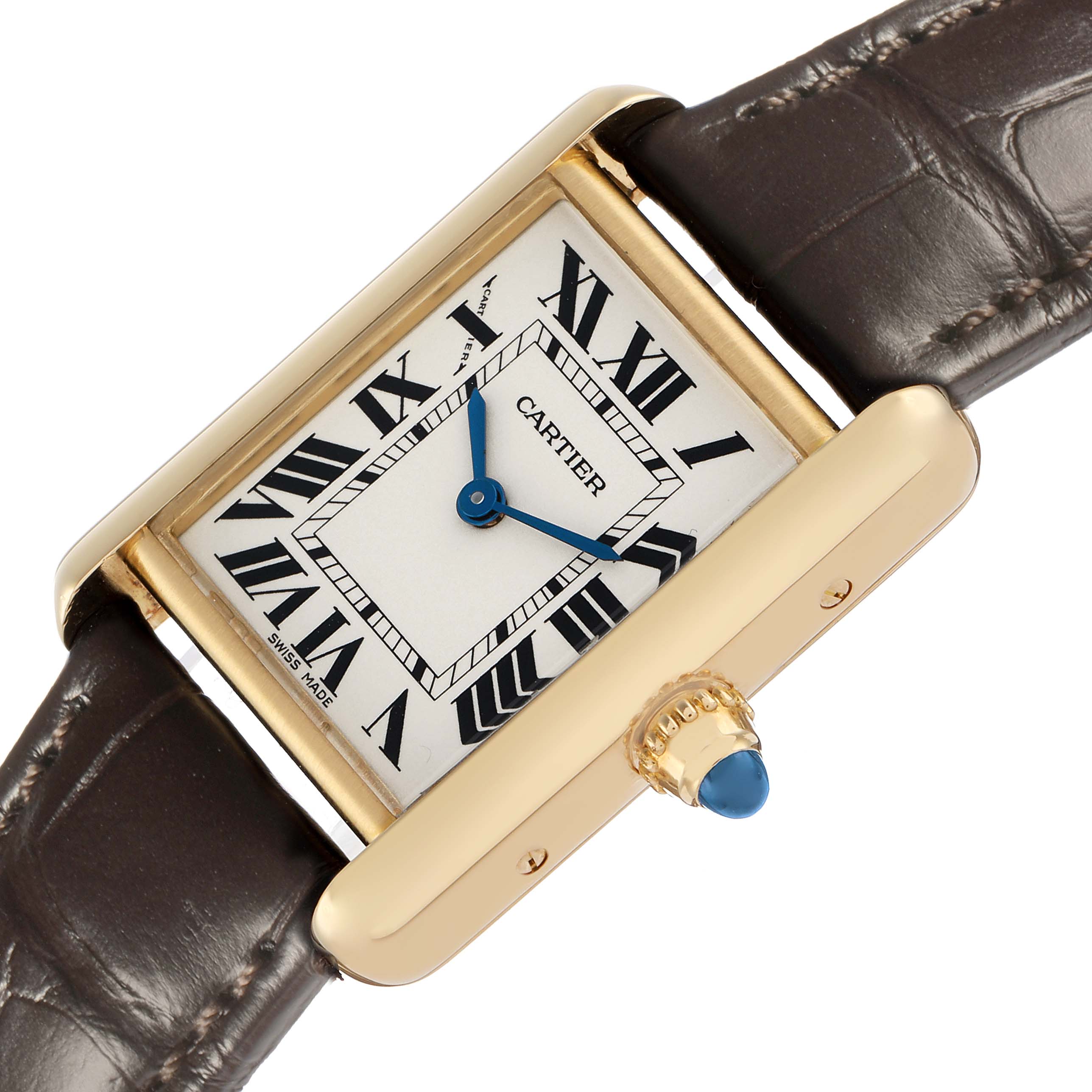 The Cartier Tank Louis W1529856 Women
s Yellow Gold Silver Dial watch is shown at an angle highlighting its rectangular face, gold casing, Roman numerals, and a leather strap.