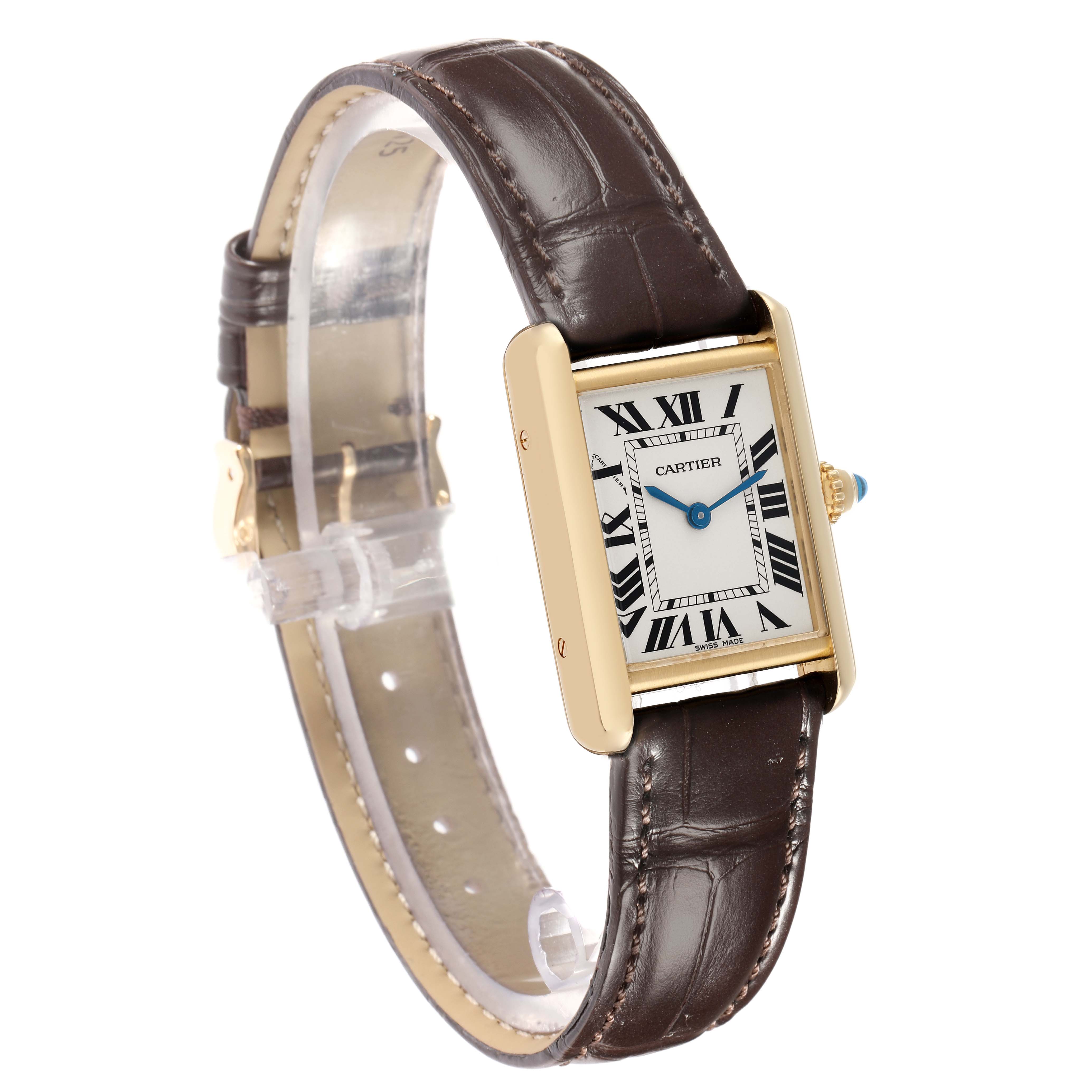 The Cartier Tank Louis W1529856 Women
s Yellow Gold Silver Dial watch is shown at an angled side view, highlighting the rectangular face, leather strap, and blue cabochon crown.