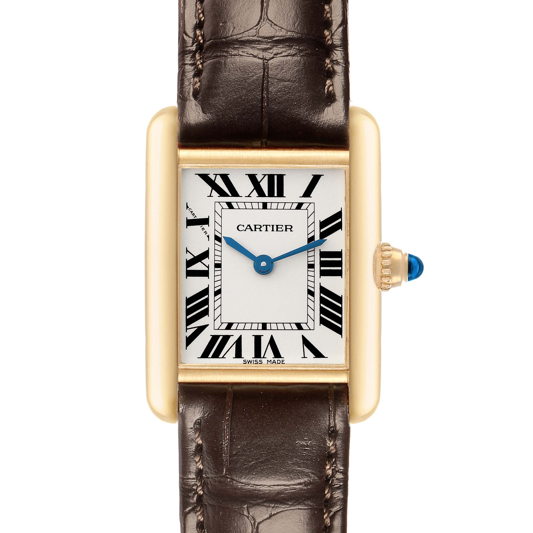 The Cartier Tank Louis W1529856 Women
s Yellow Gold Silver Dial watch is shown from the front, displaying its rectangular face, Roman numerals, and leather strap.