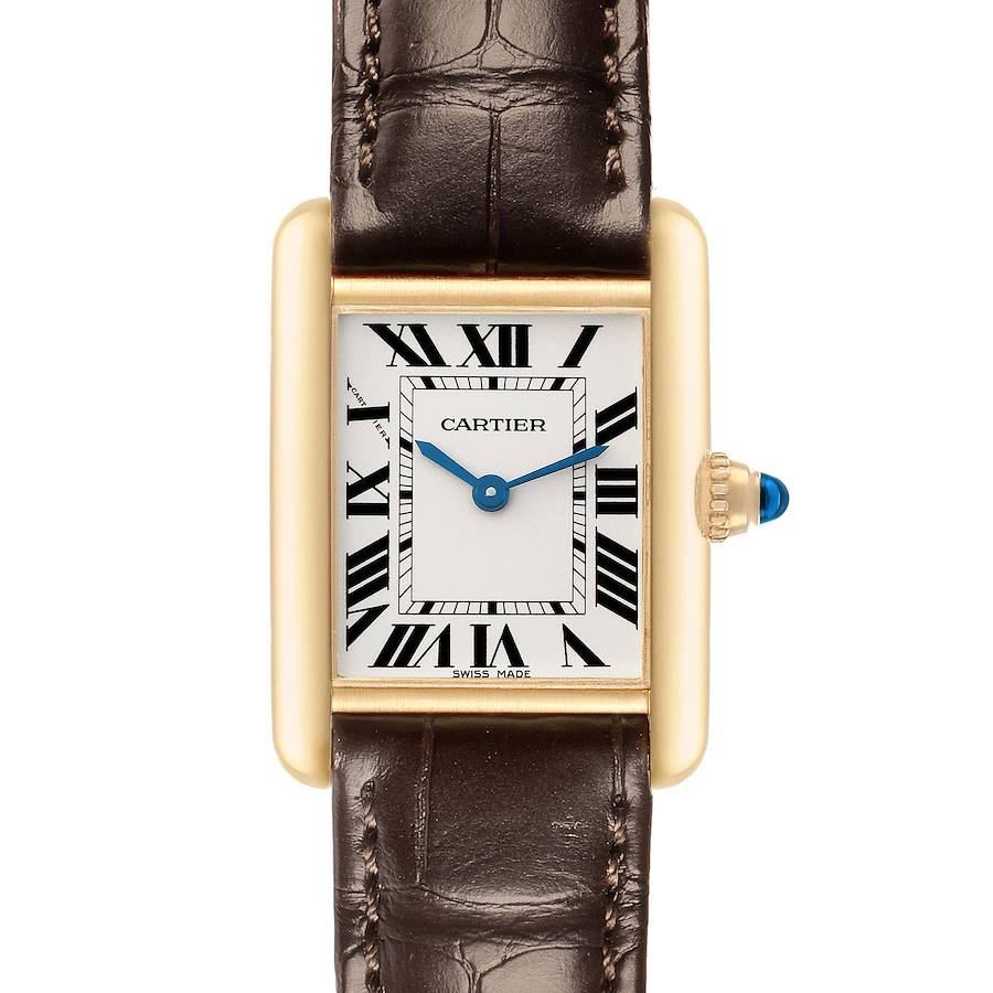 The Cartier Tank Louis W1529856 Women's Yellow Gold Silver Dial watch is shown from the front, displaying its rectangular face, Roman numerals, and leather strap.