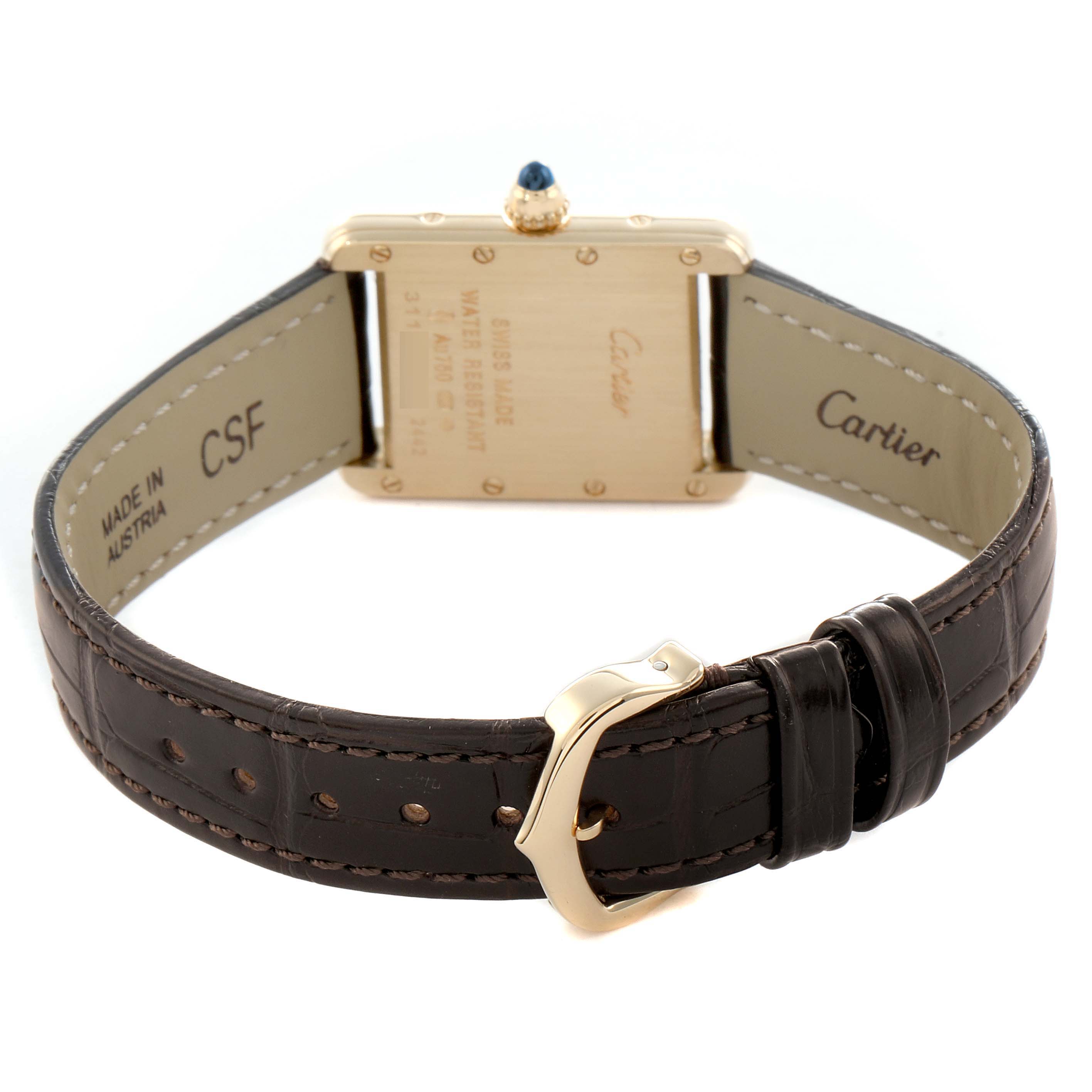 The Cartier Tank Louis W1529856 Women
s Yellow Gold Silver Dial watch is shown from the back, highlighting the case back, leather strap, and buckle.