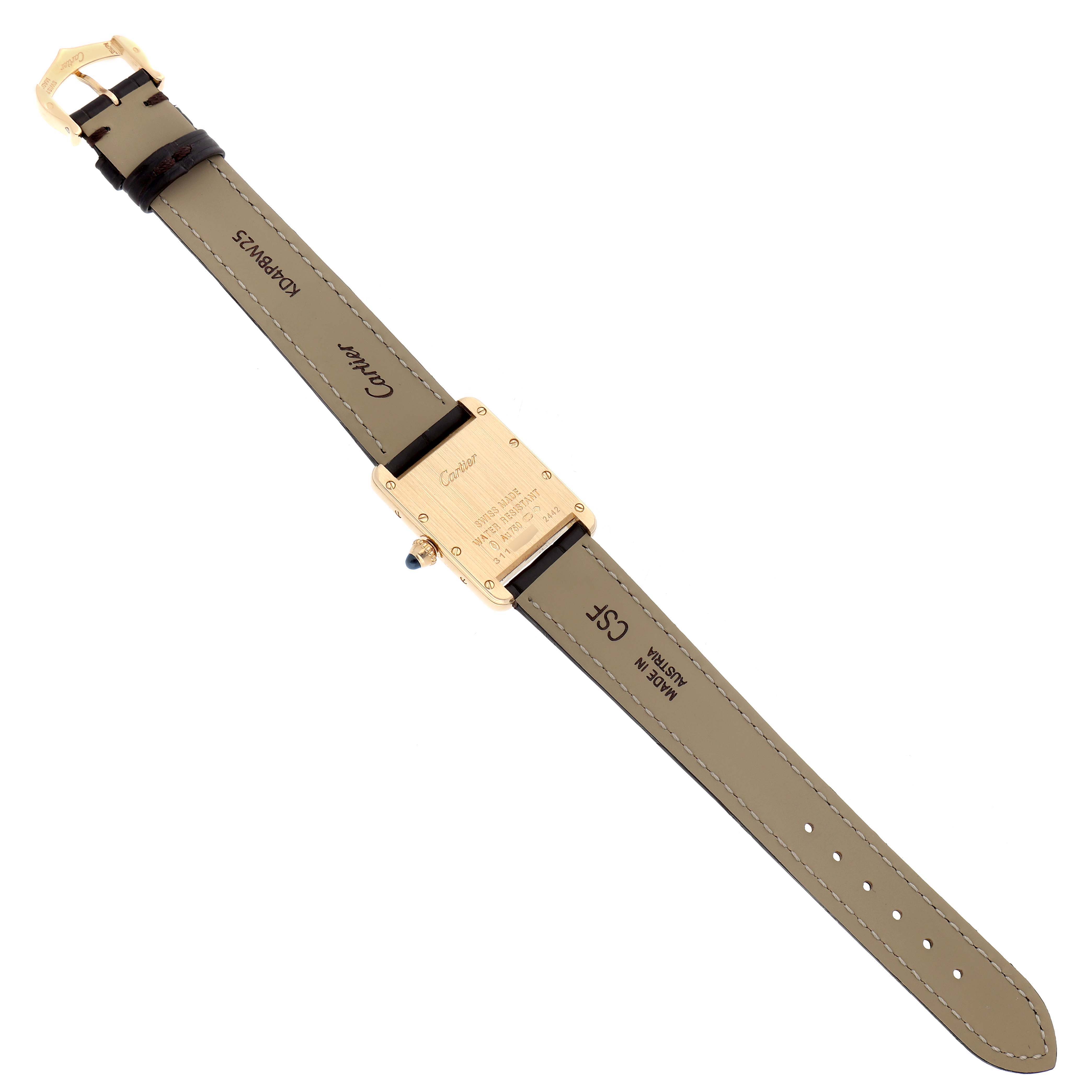 The image shows the back of the Cartier Tank Louis W1529856 Women
s Yellow Gold Silver Dial watch, highlighting the strap, buckle, and case back.