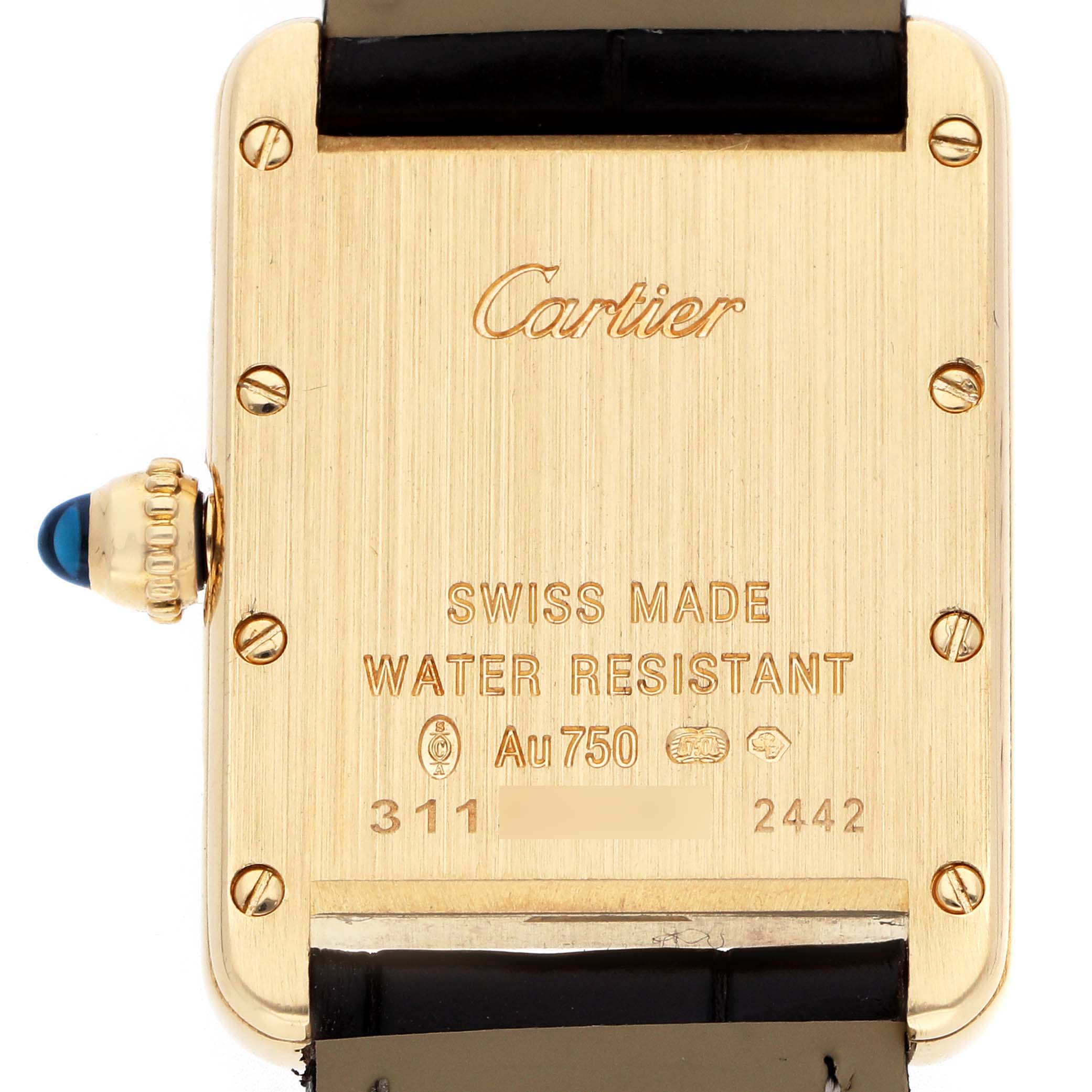 The image shows the back of a Cartier Tank Louis W1529856 Women
s Yellow Gold Silver Dial watch, highlighting engravings and a blue crown.