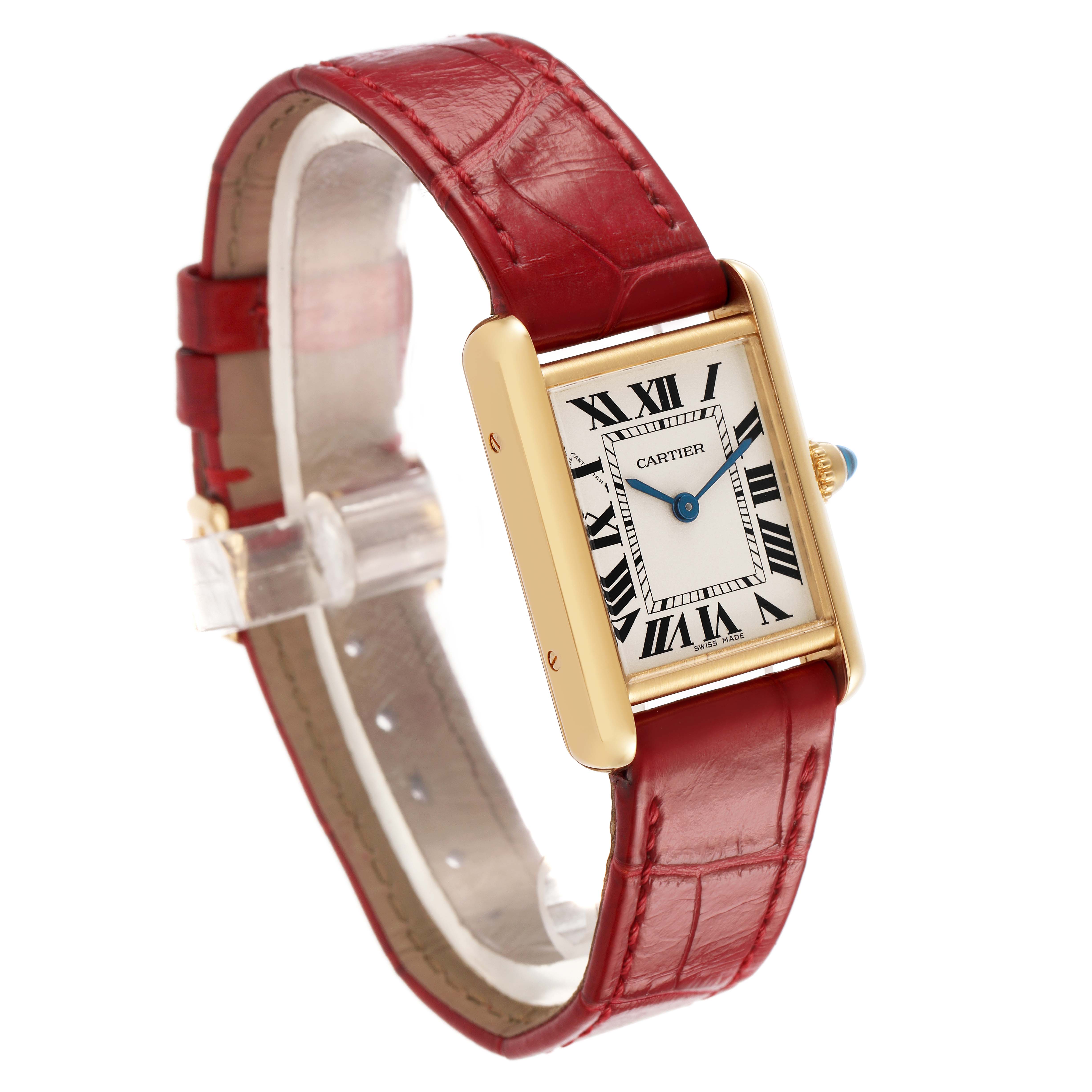 The Cartier Tank Louis W1529856 Women's Yellow Gold Silver Dial watch is shown at an angled view highlighting the rectangular case, crown, and red leather strap.