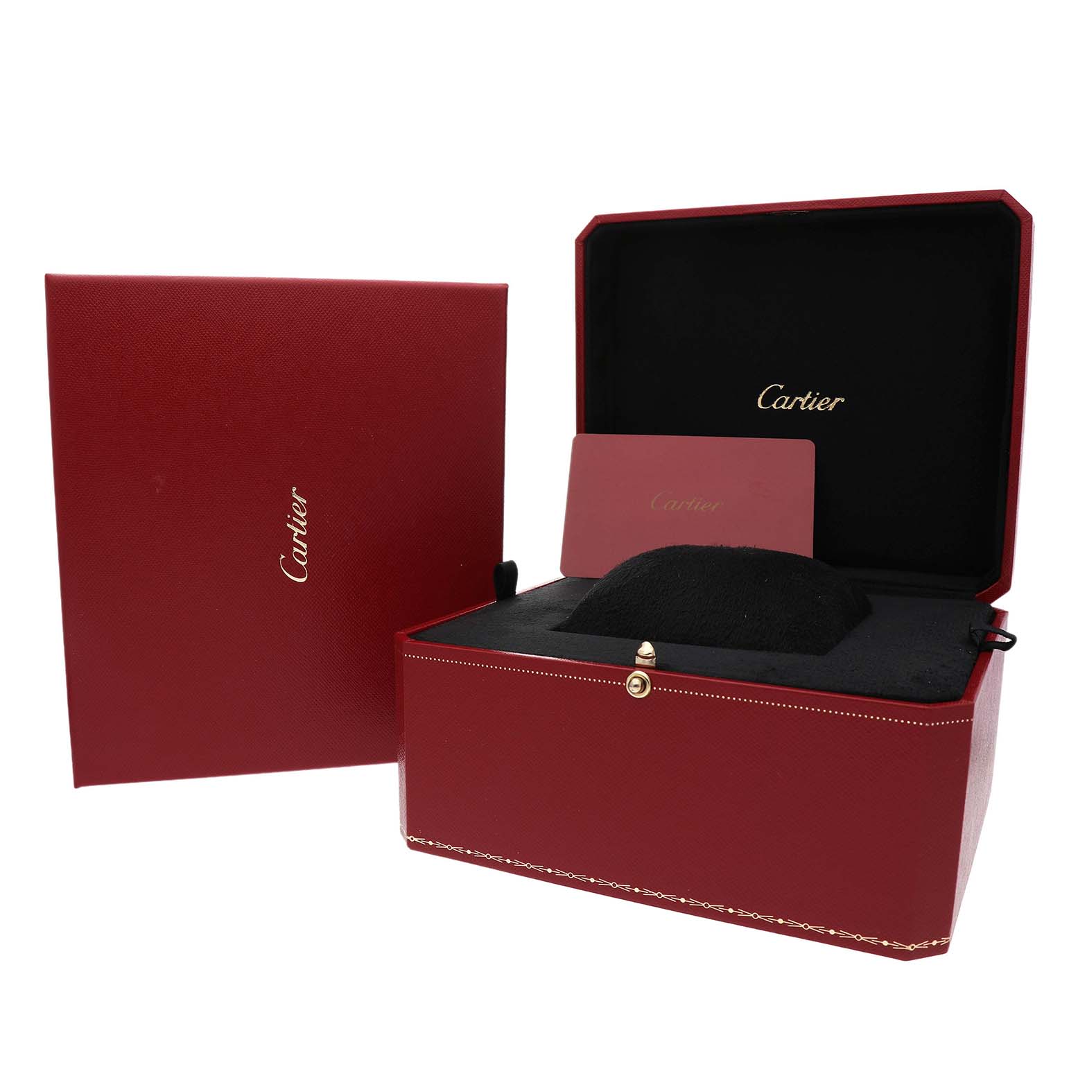 The image shows a red Cartier box and card, with an open watch case for the Tank Louis model.