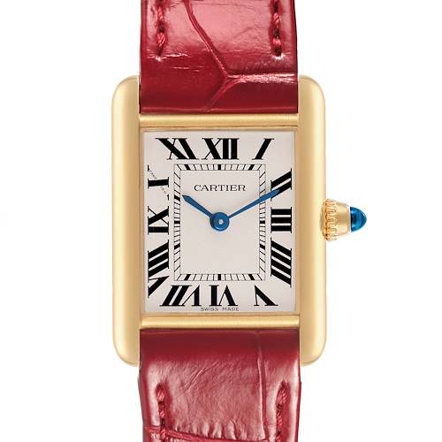 The Cartier Tank Louis W1529856 Women's Yellow Gold Silver Dial watch is shown from the front, highlighting its rectangular dial, gold casing, and red leather strap.