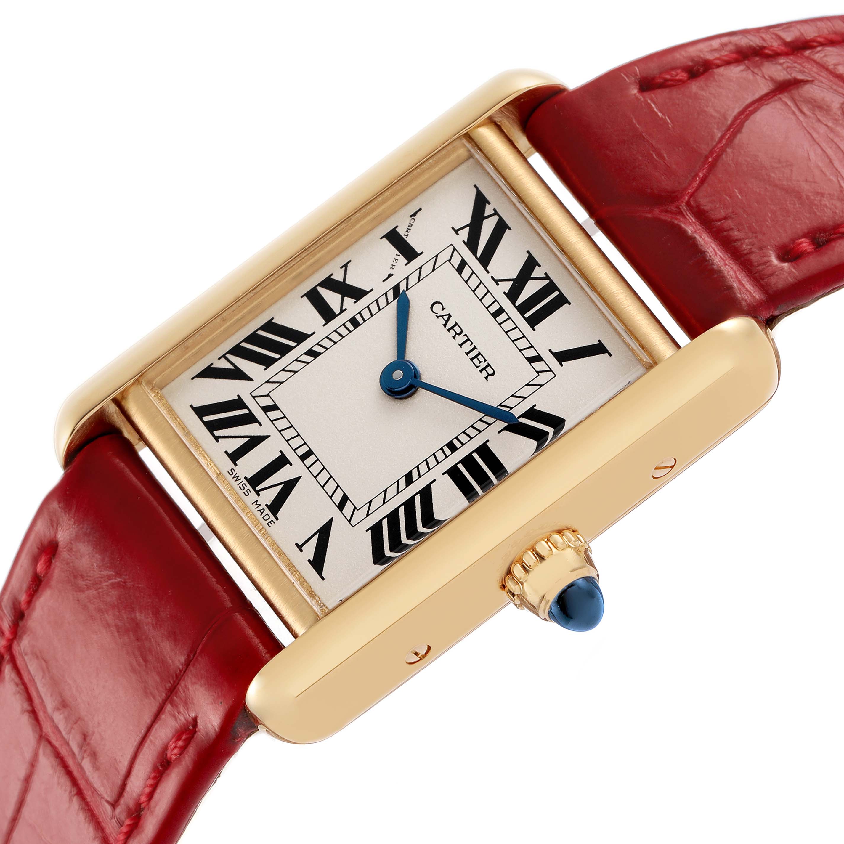 The Cartier Tank Louis W1529856 Women's Yellow Gold Silver Dial watch is shown from a close-up angle, highlighting the dial, gold case, crown, and red strap.