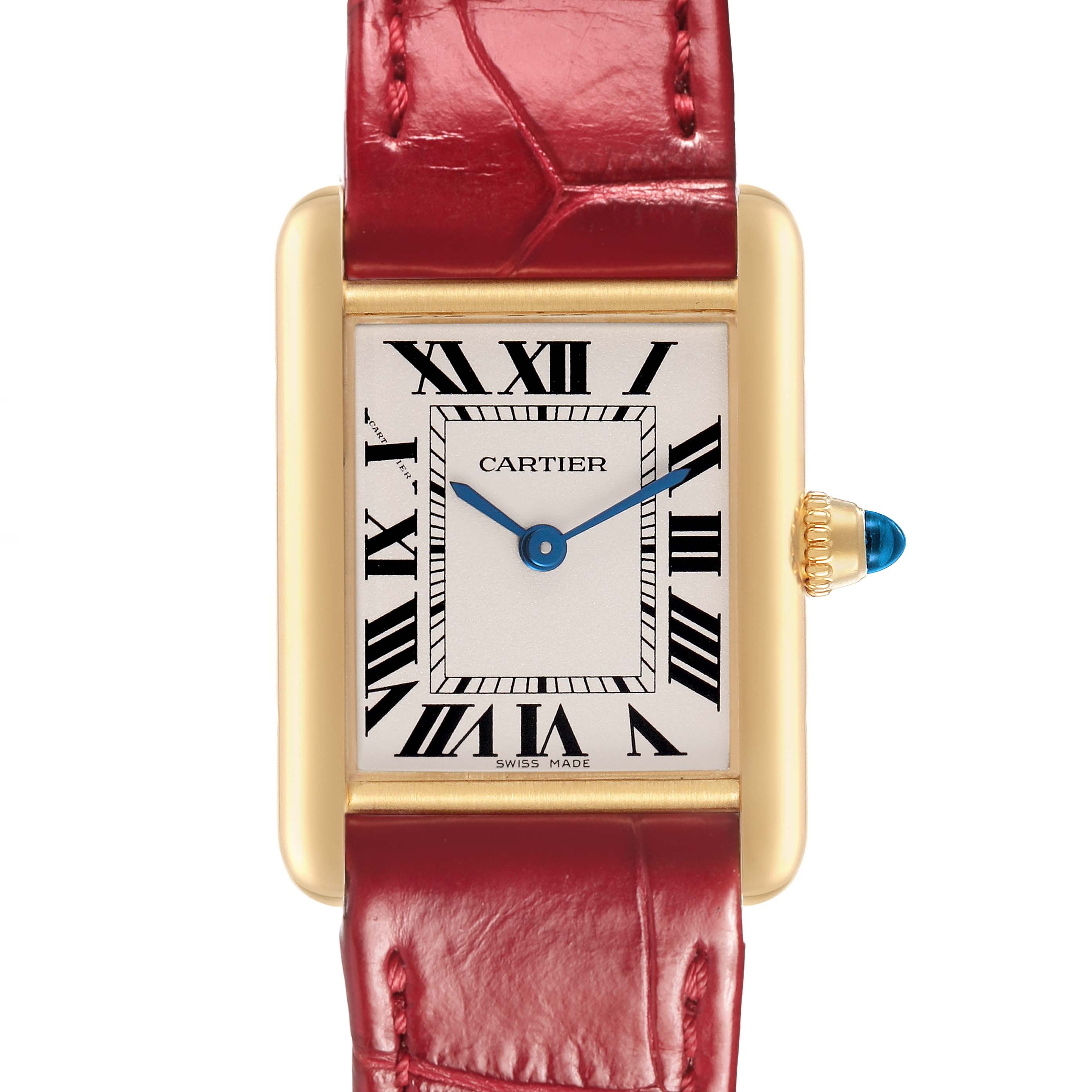 The Cartier Tank Louis W1529856 Women's Yellow Gold Silver Dial watch is shown from the front, highlighting its rectangular face, gold case, blue hands, and red strap.