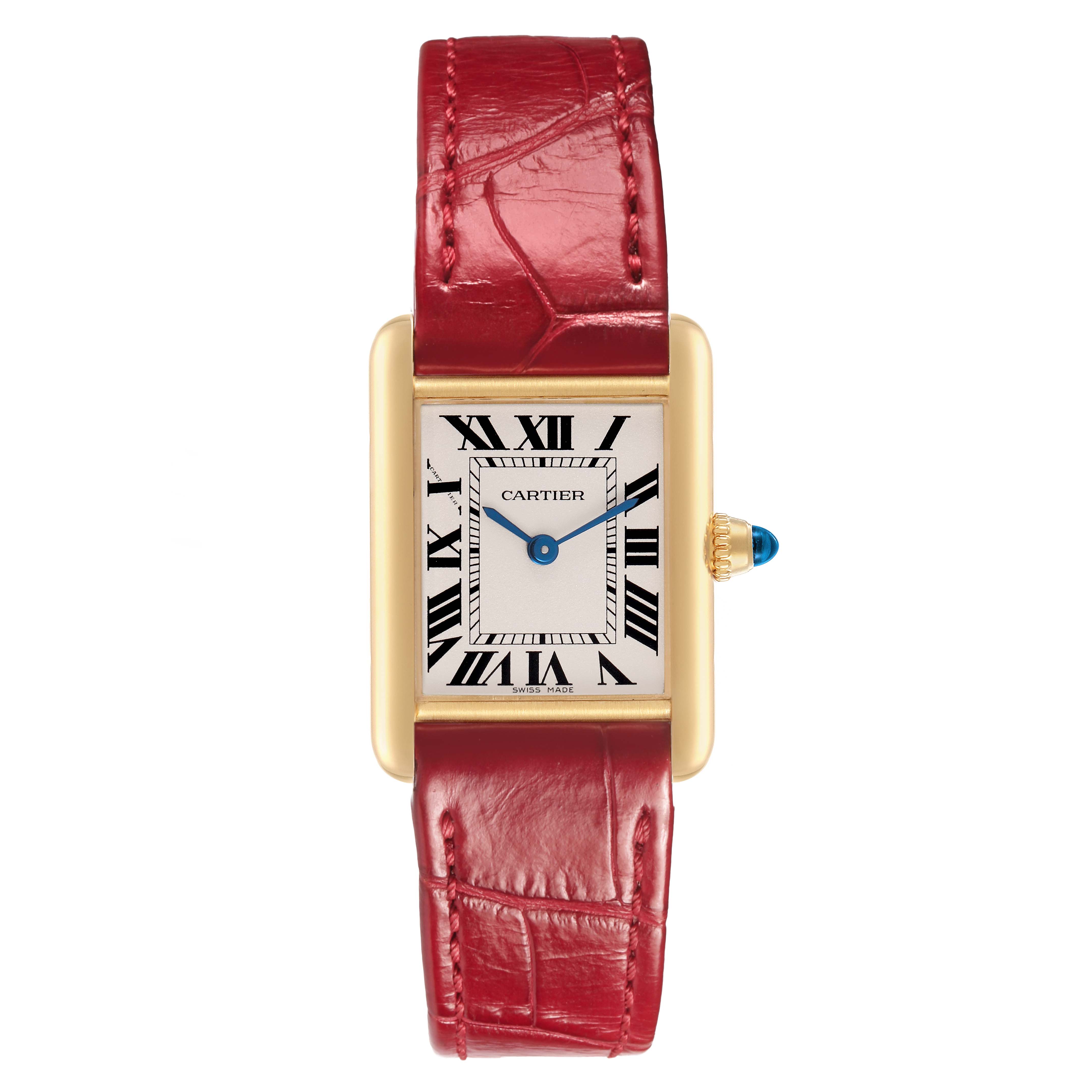 The Cartier Tank Louis W1529856 Women's Yellow Gold Silver Dial watch is shown from a top view, displaying its red strap, gold case, and Roman numeral dial.