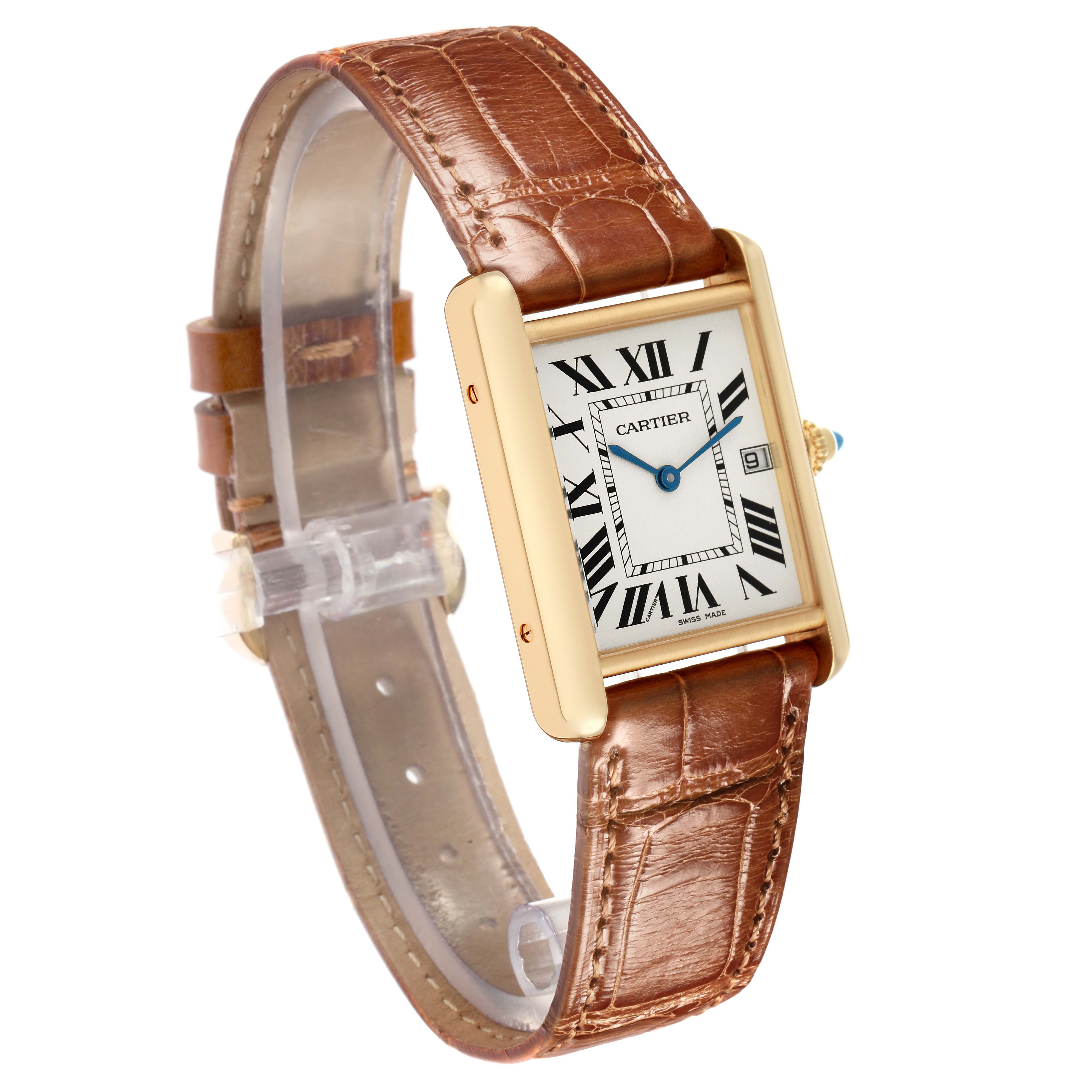 The Cartier Tank Louis W1529756 Men
s Yellow Gold Silver Dial watch is angled to show the face, Roman numerals, brown leather strap, and gold casing.