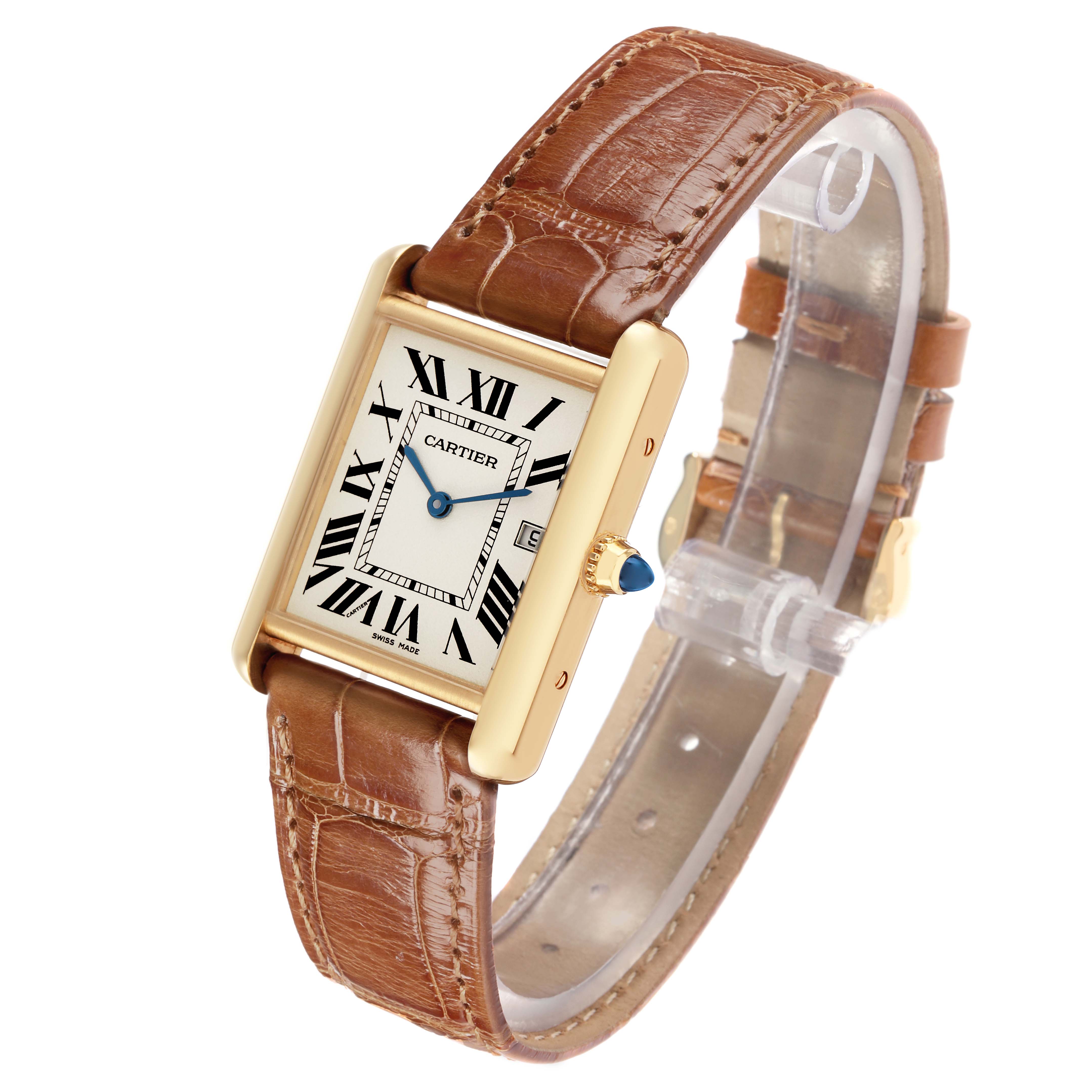 The image shows a Cartier Tank Louis W1529756 Men
s Yellow Gold Silver Dial watch at a three-quarter angle, highlighting the face, crown, and leather strap.
