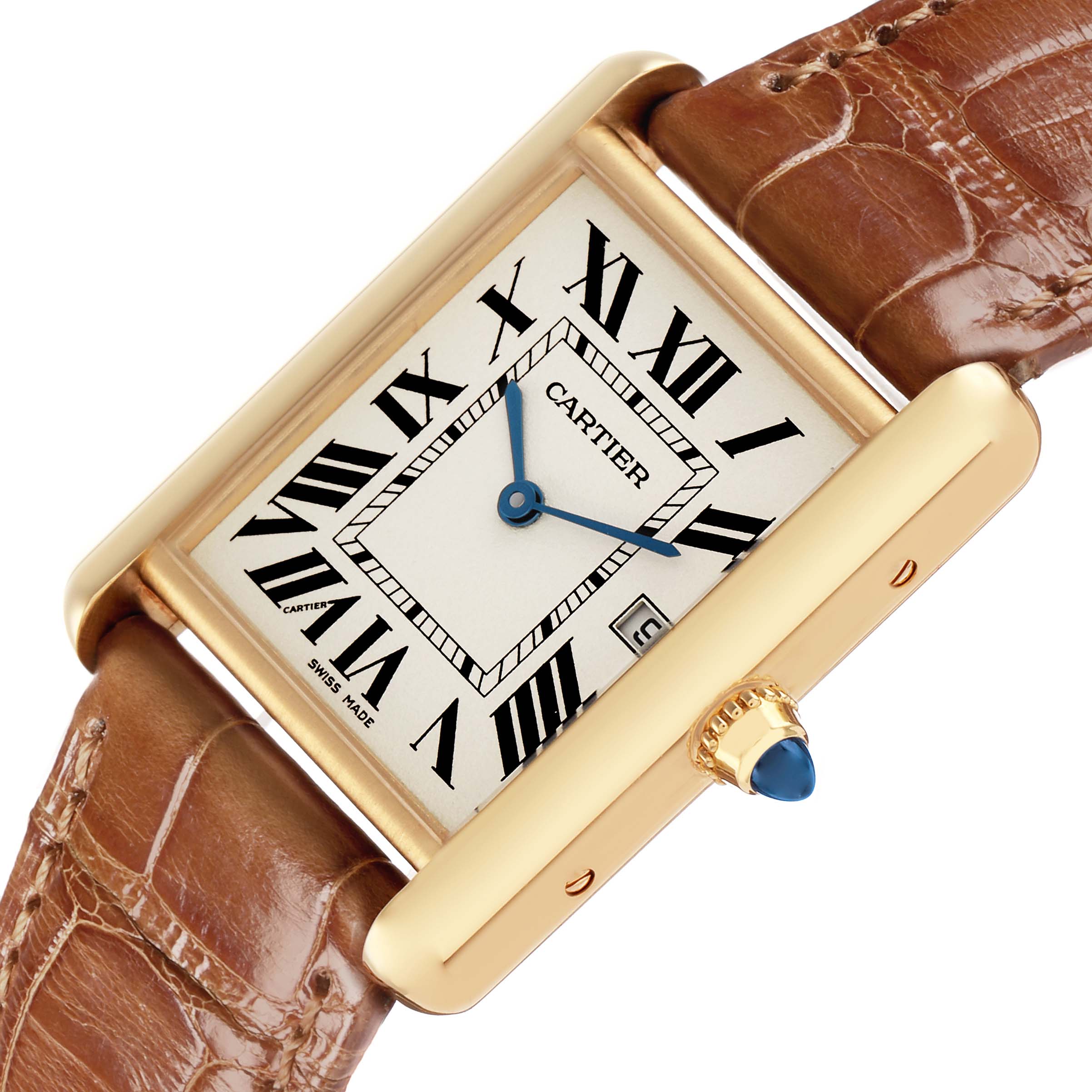 The Cartier Tank Louis W1529756 Men
s Yellow Gold Silver Dial watch is shown at an angle highlighting its rectangular case, Roman numerals, blue hands, and brown leather strap.
