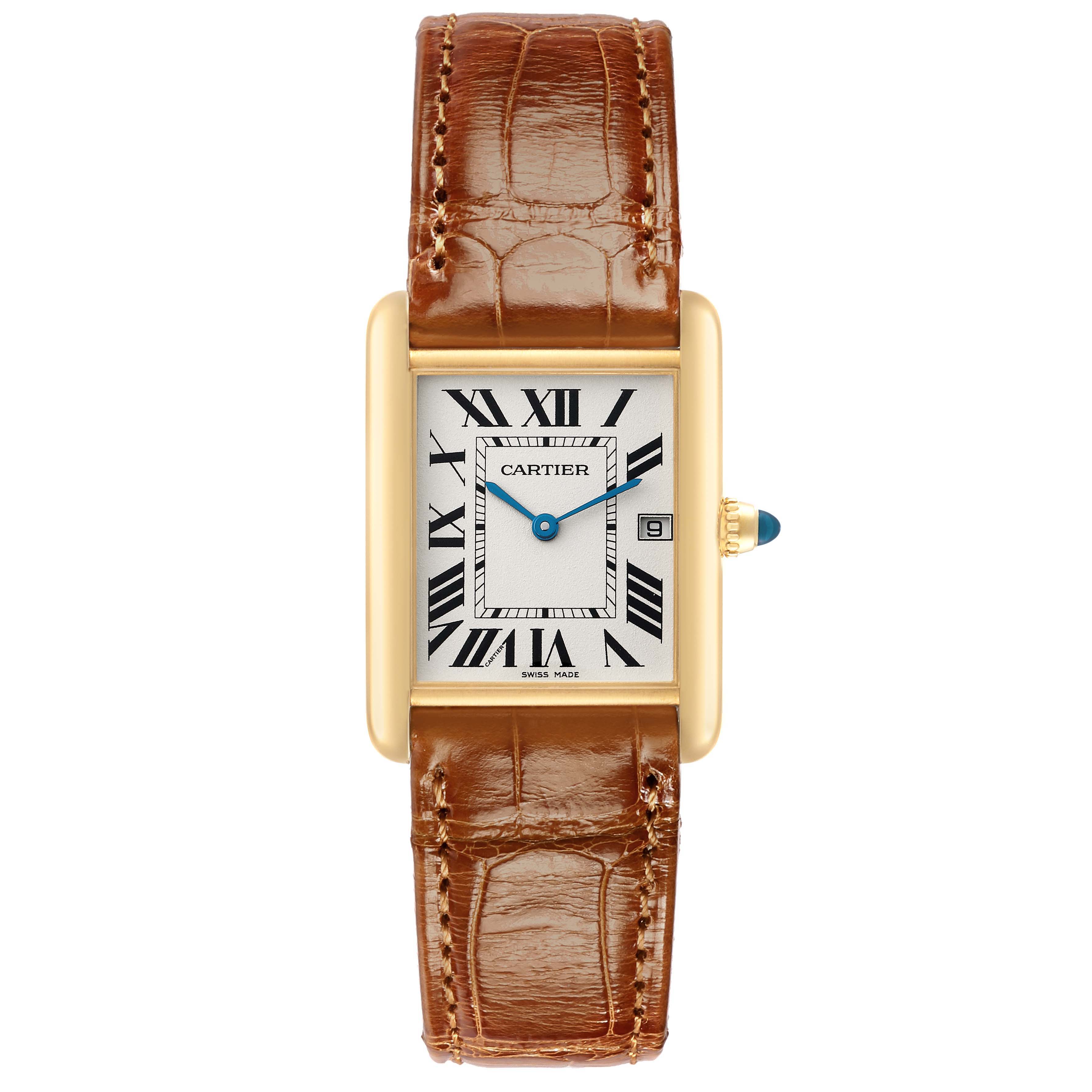 The Cartier Tank Louis W1529756 Men
s Yellow Gold Silver Dial watch is shown from the front, displaying its rectangular face, gold case, brown leather strap, and blue hands.