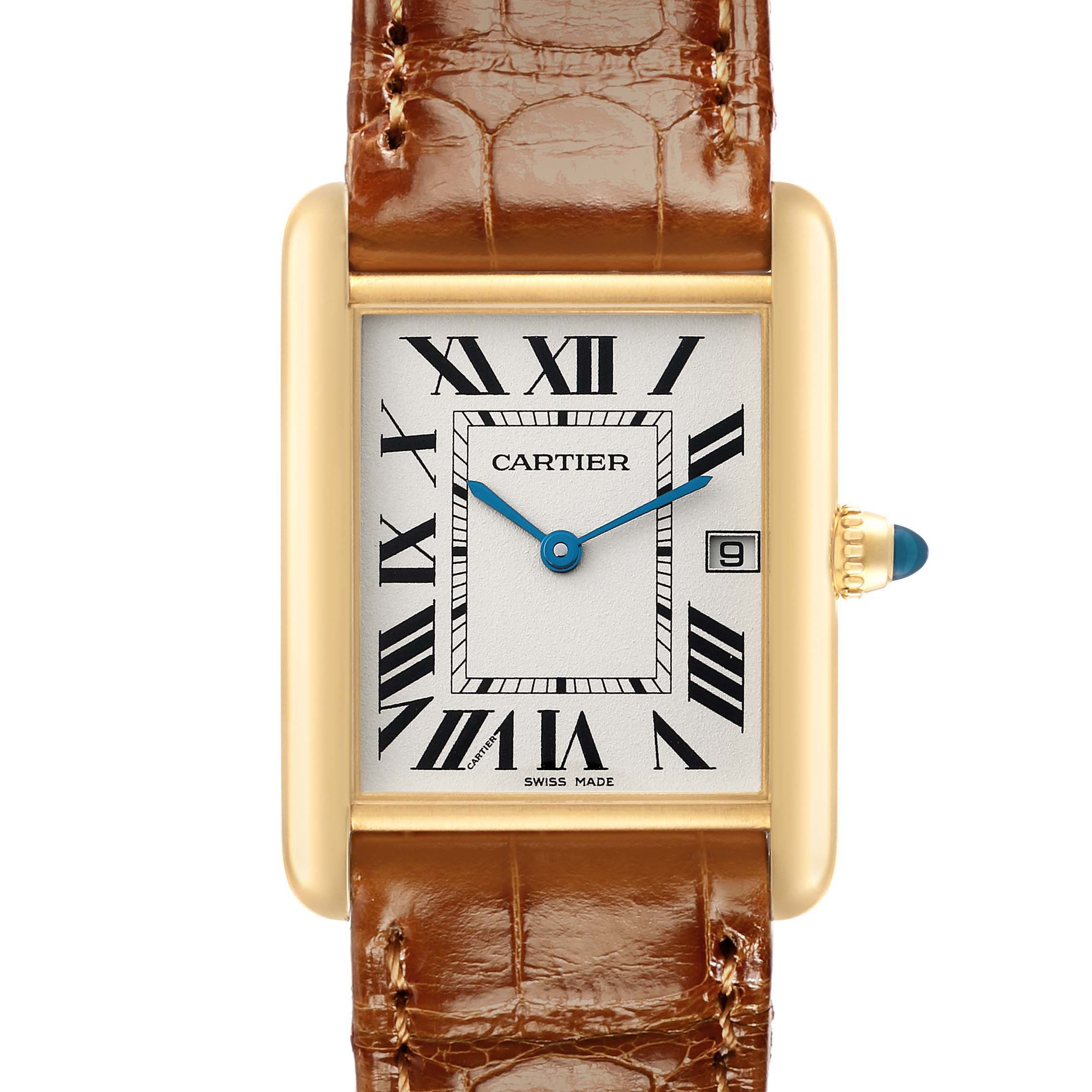 The Cartier Tank Louis W1529756 Men
s Yellow Gold Silver Dial watch is shown from the front, displaying the dial, Roman numerals, blue hands, date window, and a brown leather strap.