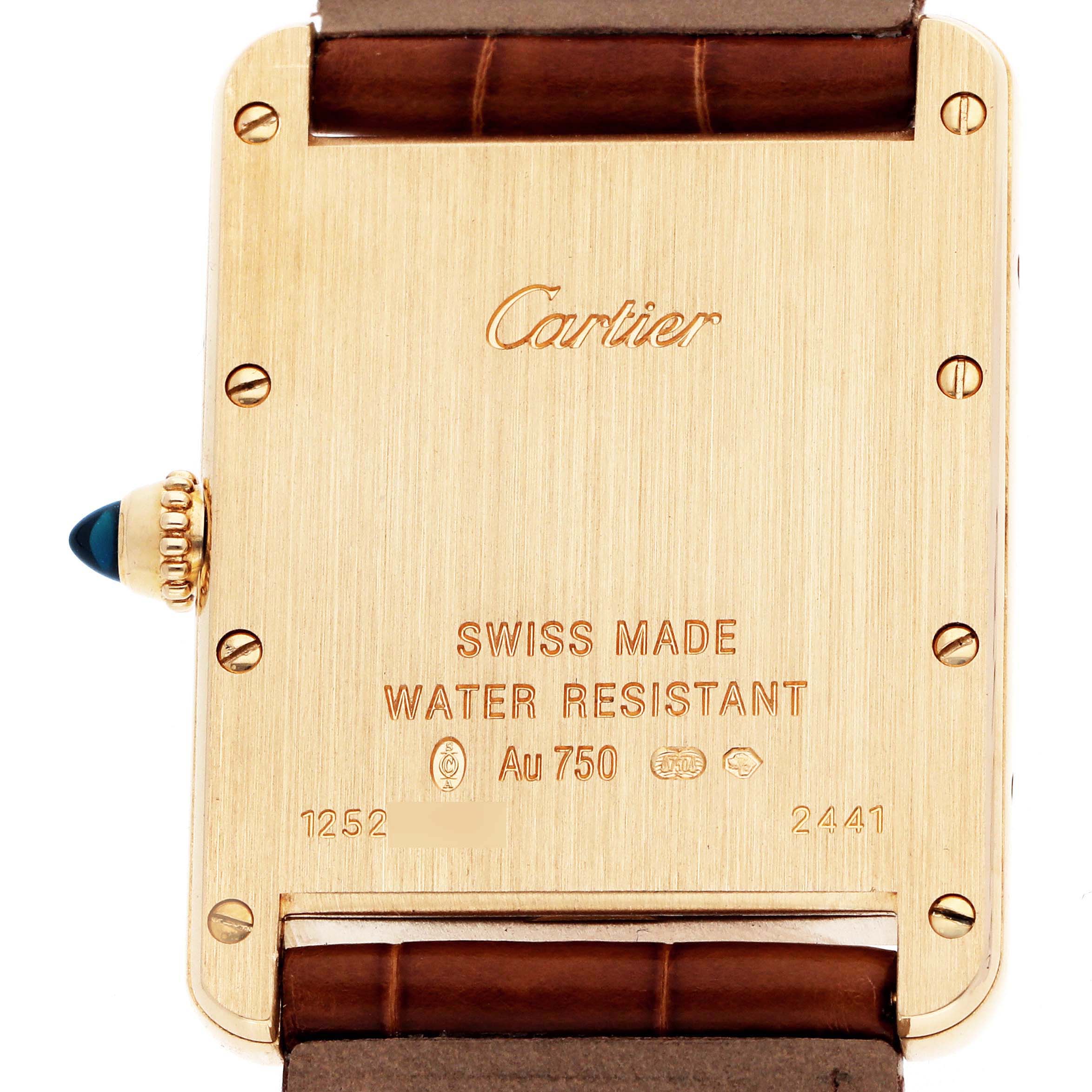 The image shows the back of a Cartier Tank Louis W1529756 Men
s Yellow Gold Silver Dial watch, highlighting its case back engravings and leather strap attachment.